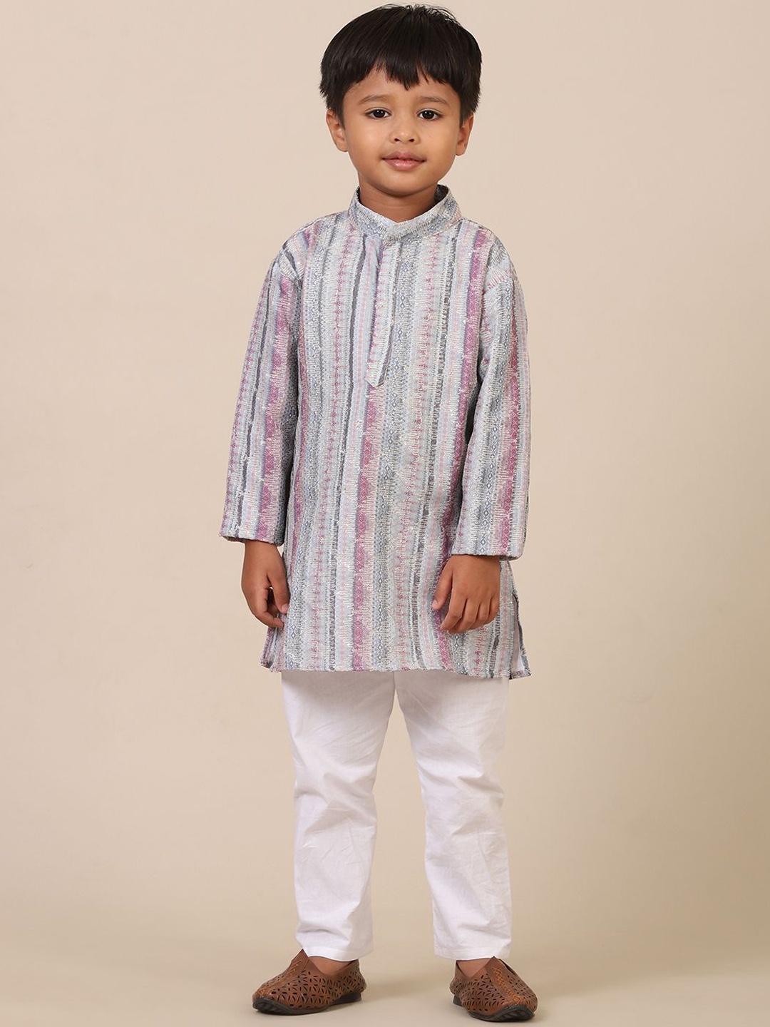 

Stuffie Land Boys Striped Embroidered Regular Pure Cotton Straight Kurta with Pyjamas, Grey