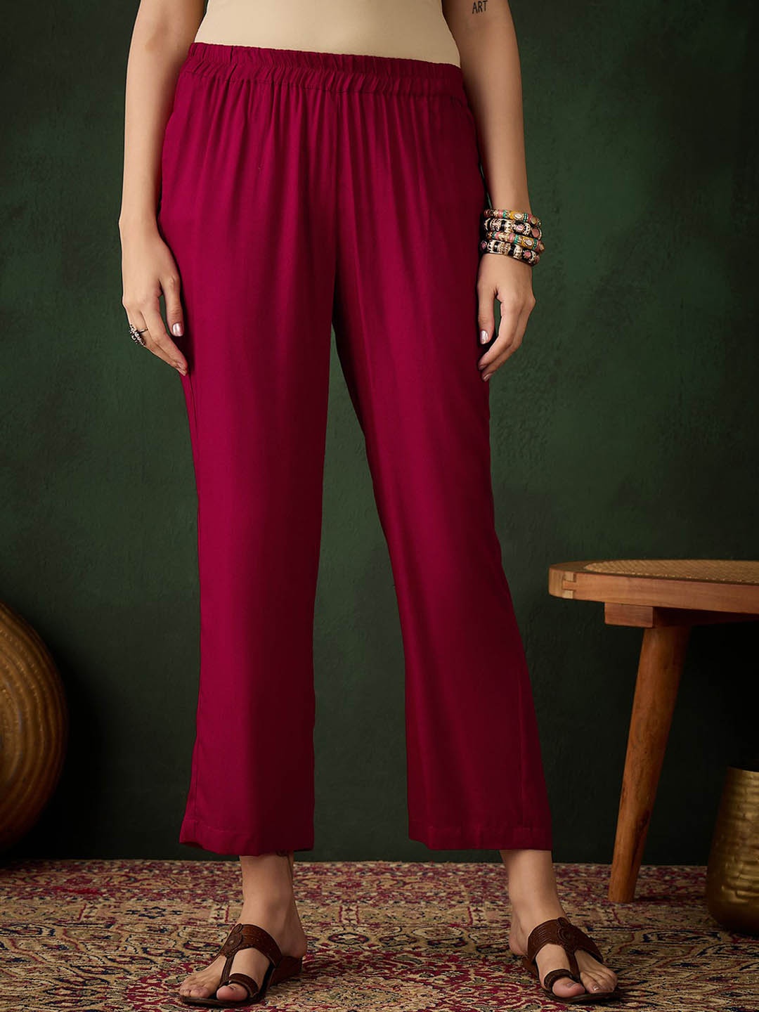 

Sangria Mid- Rise Ankle Length Trousers, Maroon