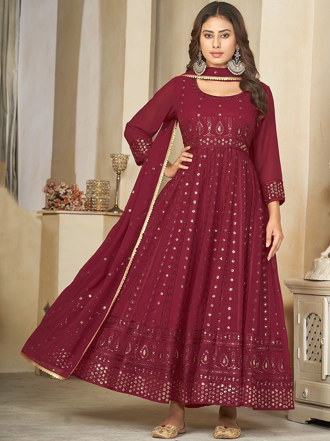 

Warthy Ent Embroidered Semi-Stitched Dress Material, Maroon