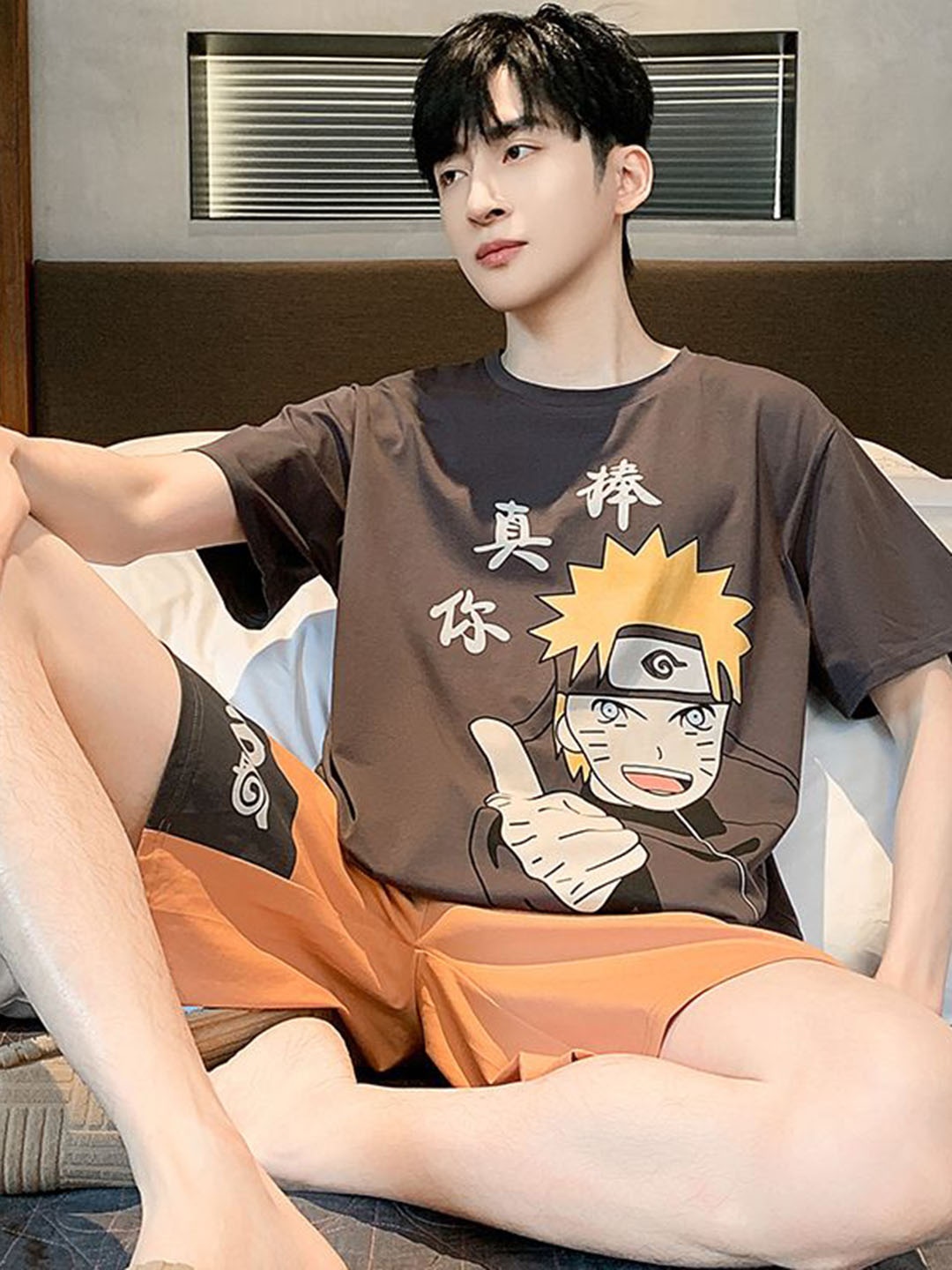 

StyleCast Printed Round Neck Short Sleeves T-Shirt With Shorts, Brown