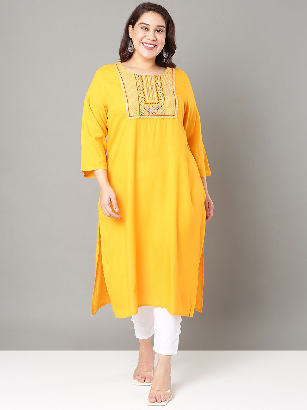 

Sztori Floral Embroidered Yoke Design Sequined Straight Kurta, Yellow