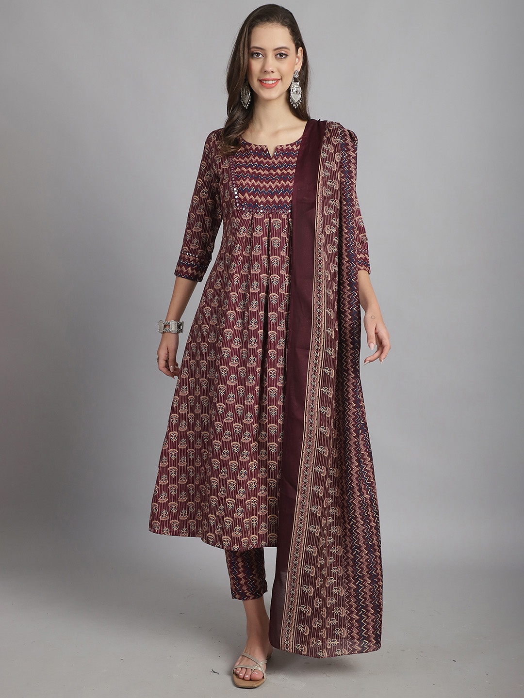 

Rajnandini Floral Printed Notch Neck A-Line Kurta with Trouser & Dupatta, Maroon