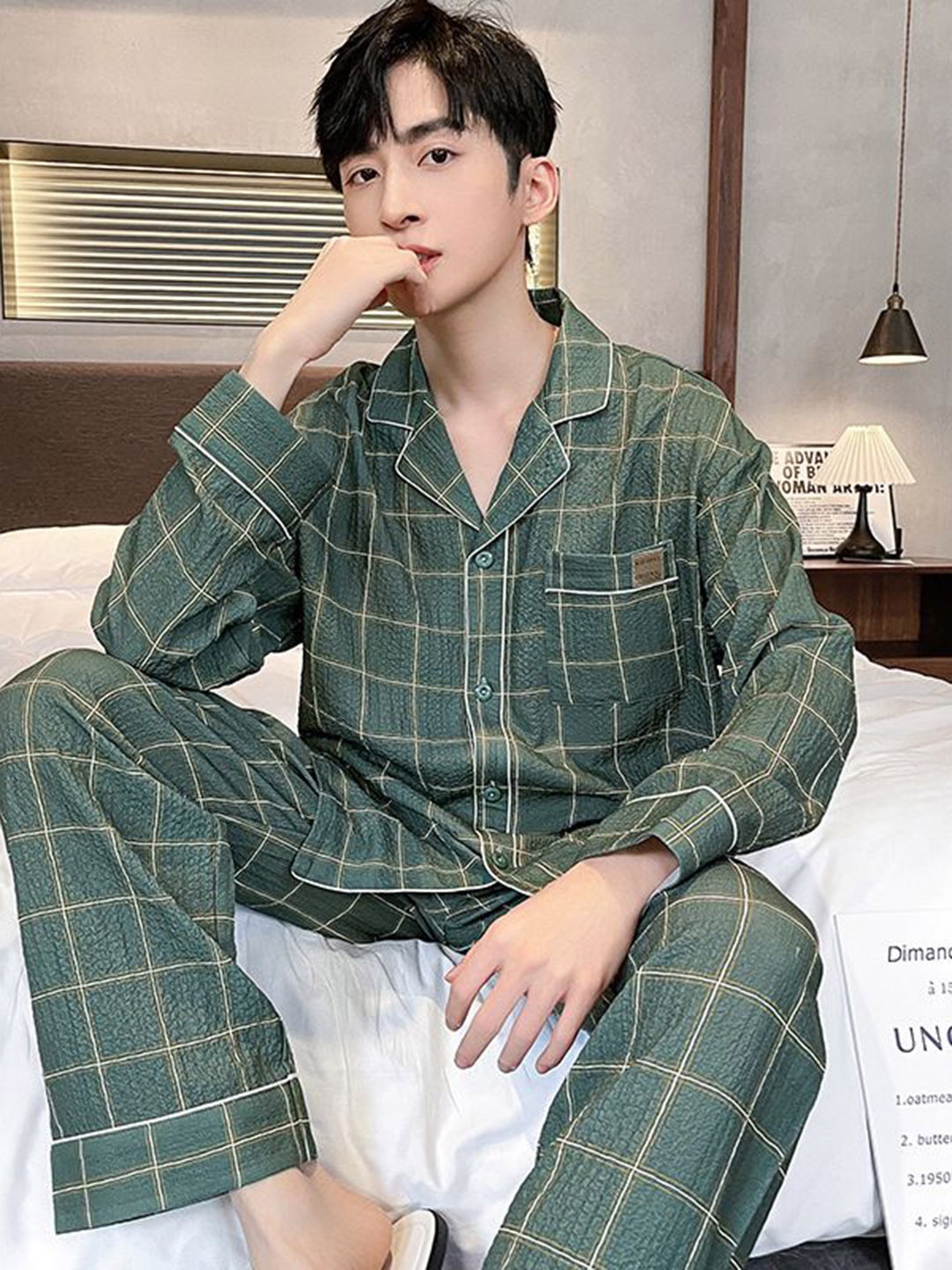 

StyleCast Men Geometric Check Printed Shirt With Pyjama Night Suit, Green