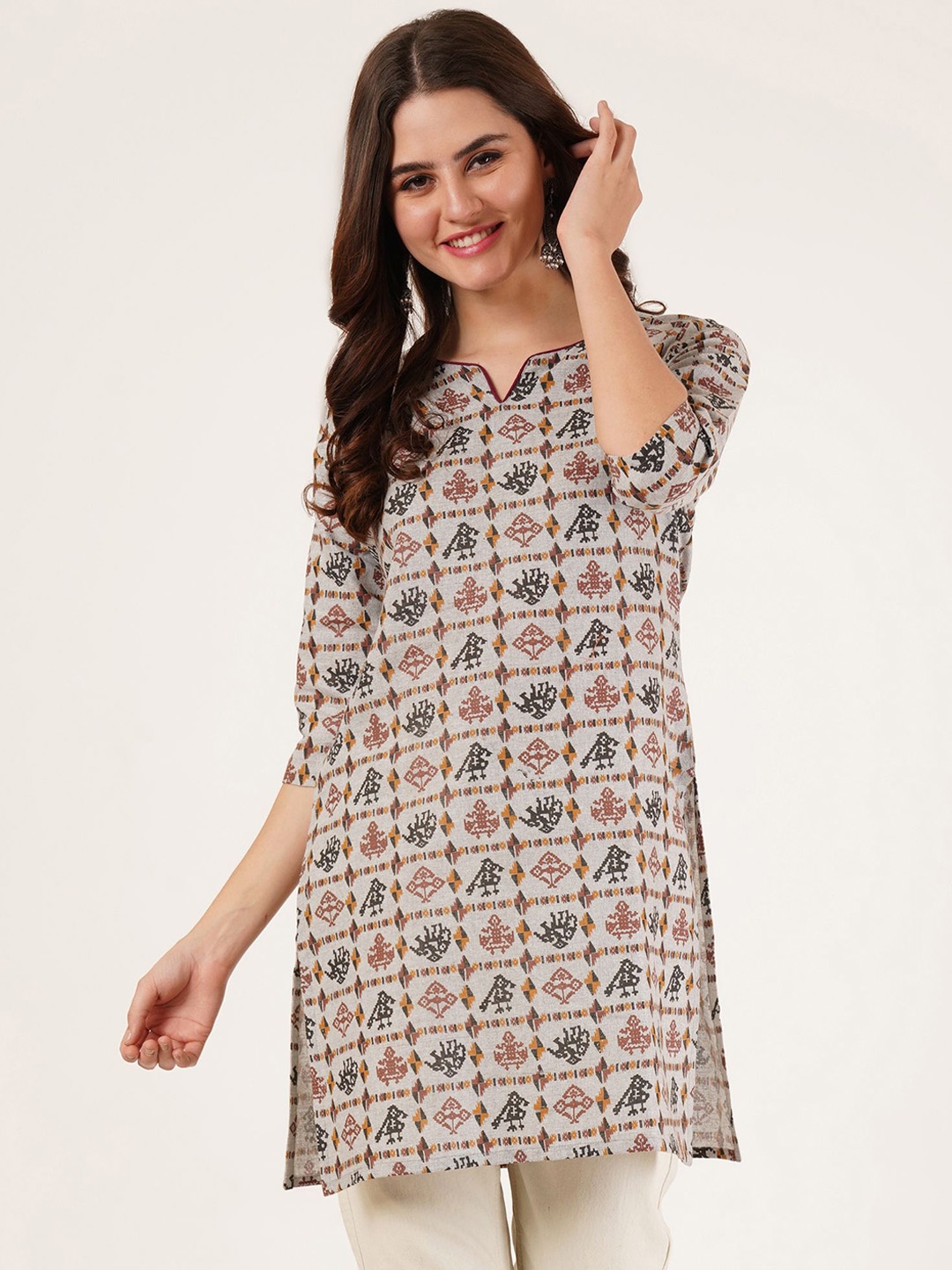 

Brownverse Geometric Printed Regular Cotton Straight Kurta, Grey