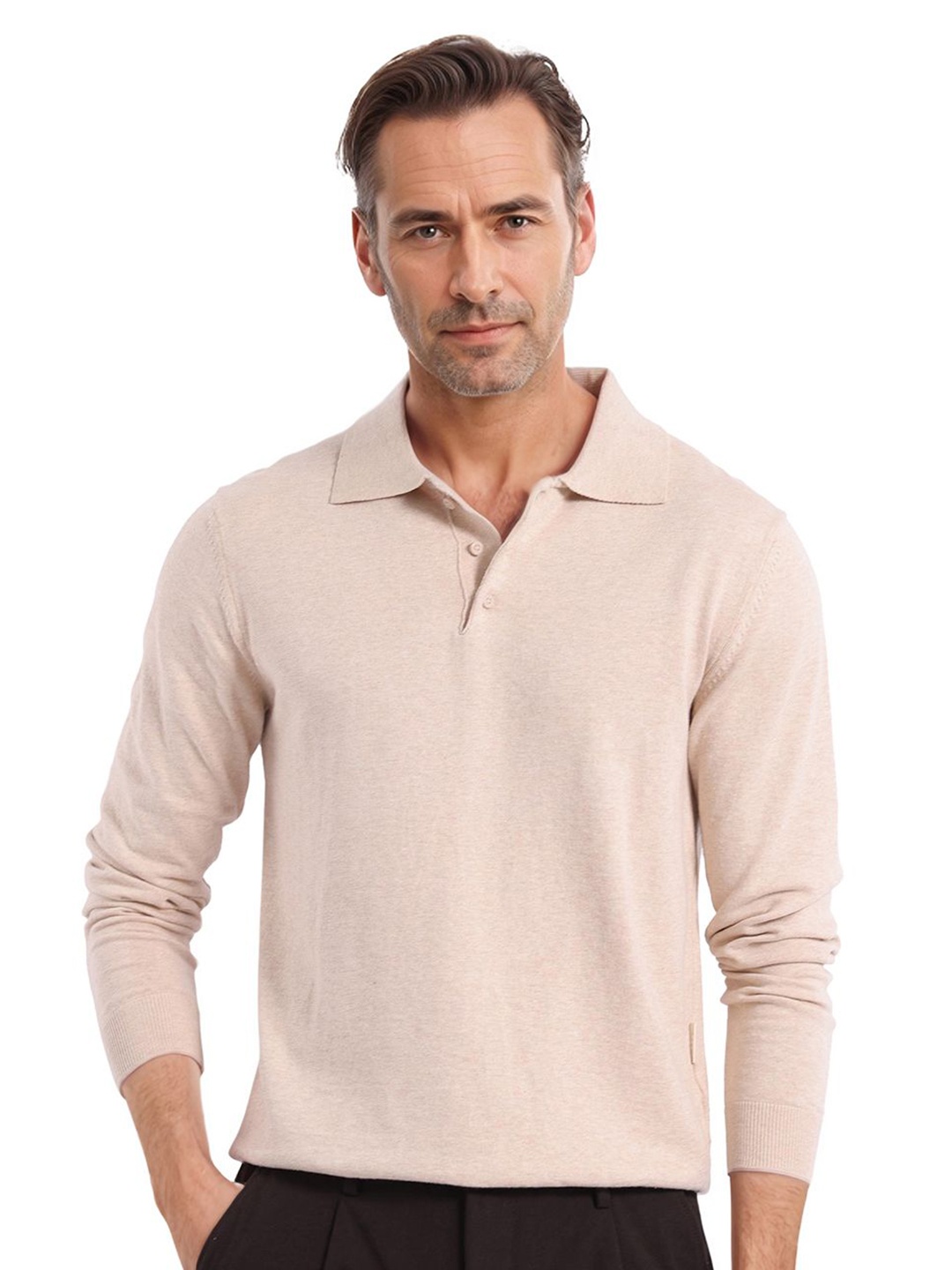 

RARE RABBIT Men Solid Polo Collar Cotton T-shirt, Beige