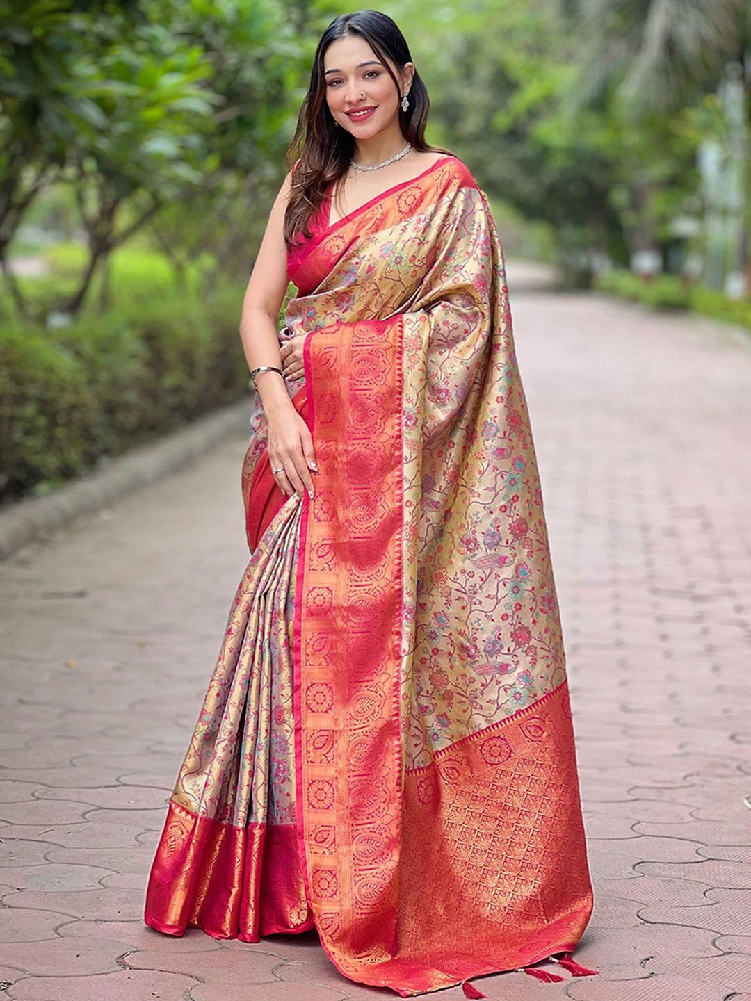 

ODETTE Woven Design Zari Saree, Beige