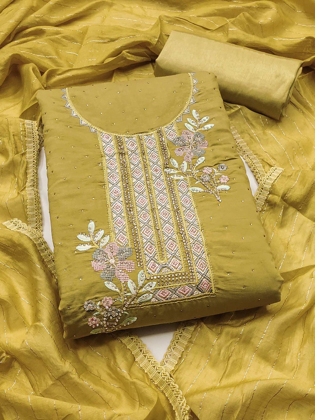 

Peachmode Floral Embroidered Beads and Stones Unstitched Dress Material, Mustard