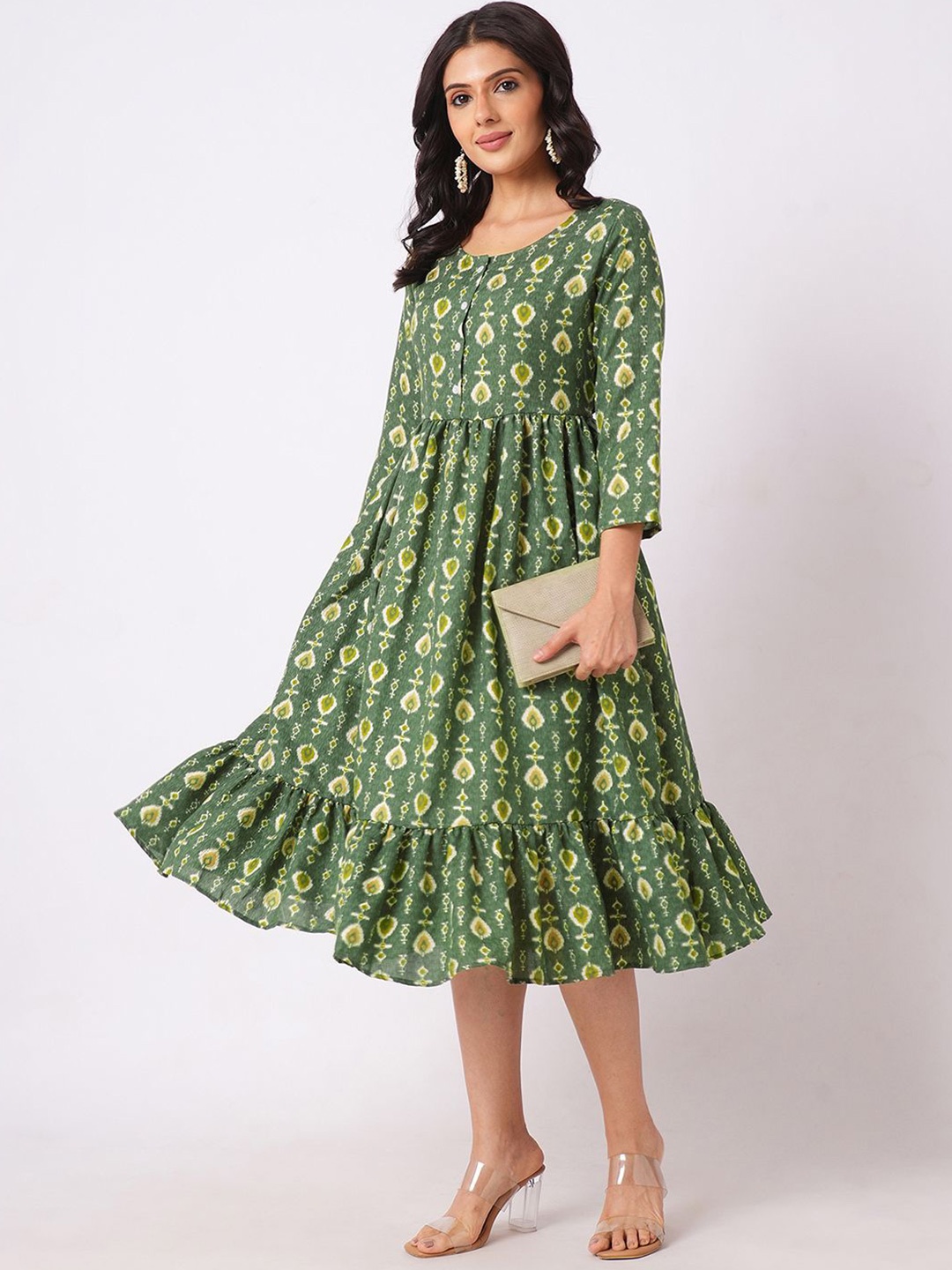 

Selvia Printed Fit & Flare Midi Dress, Green