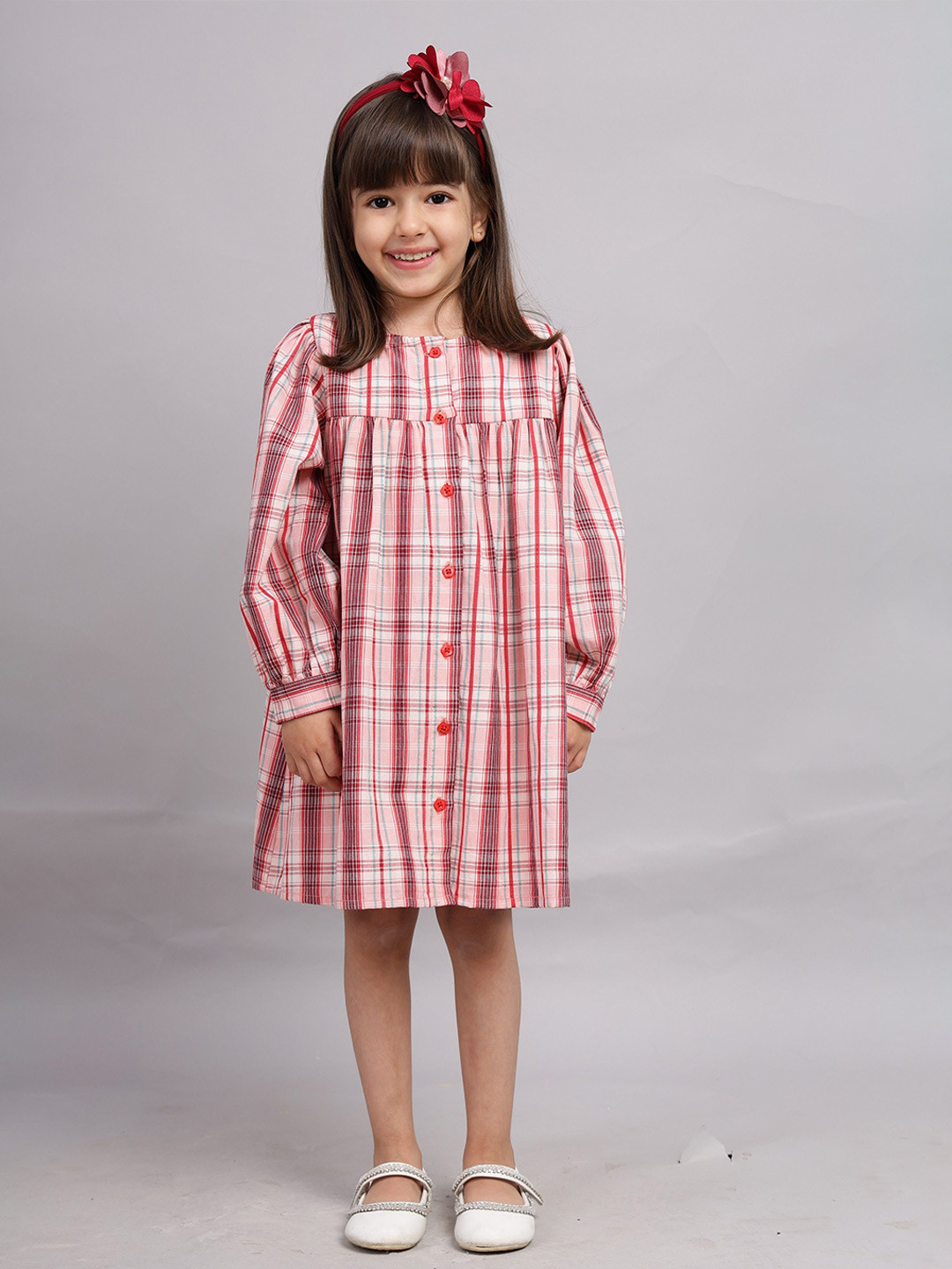 

Nature Nook Kids Girls Checked Puff Sleeve Shirt Dress, Red