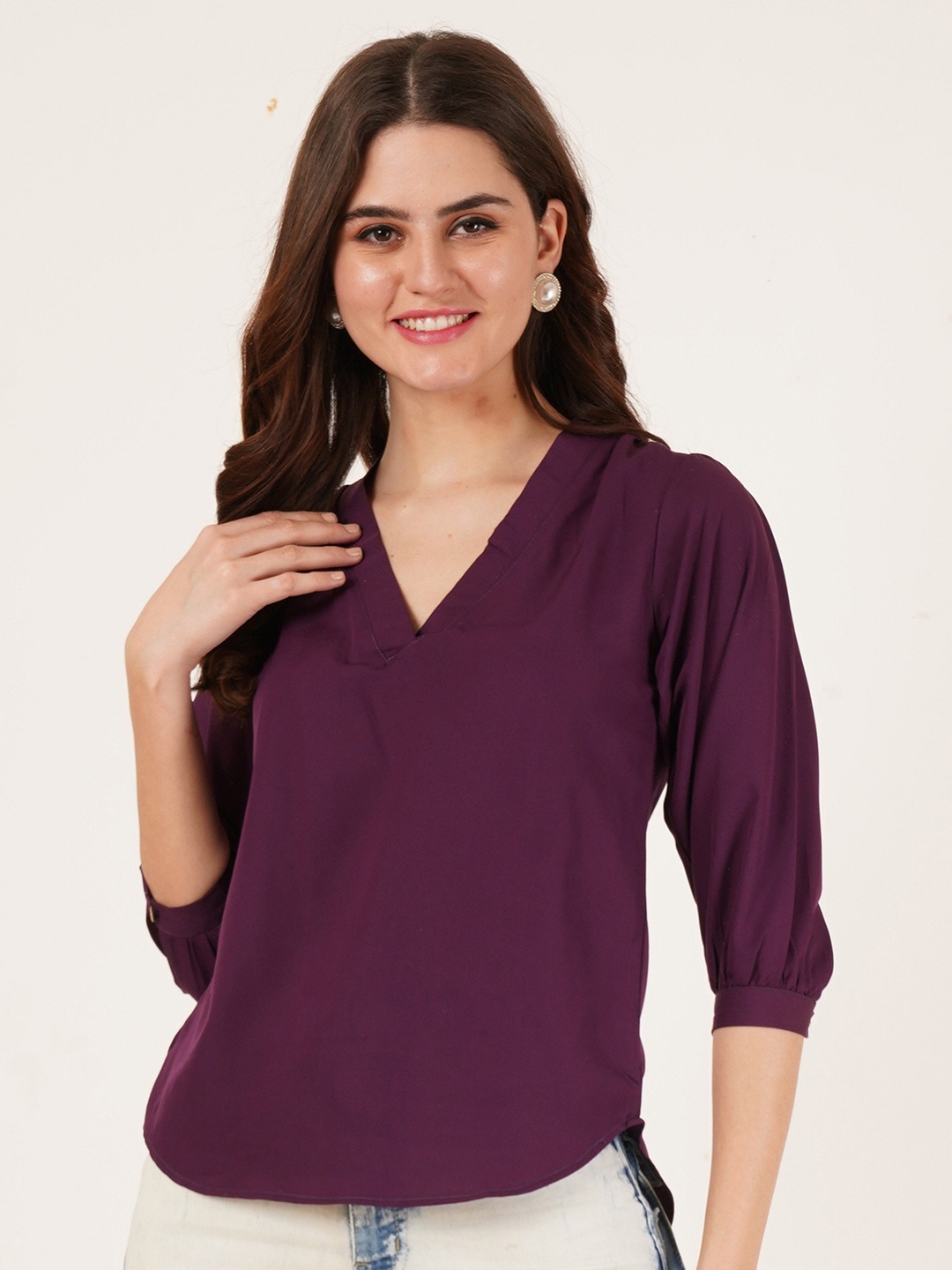 

Brownverse Women Embellished Mandarin Collar Cotton Top, Purple