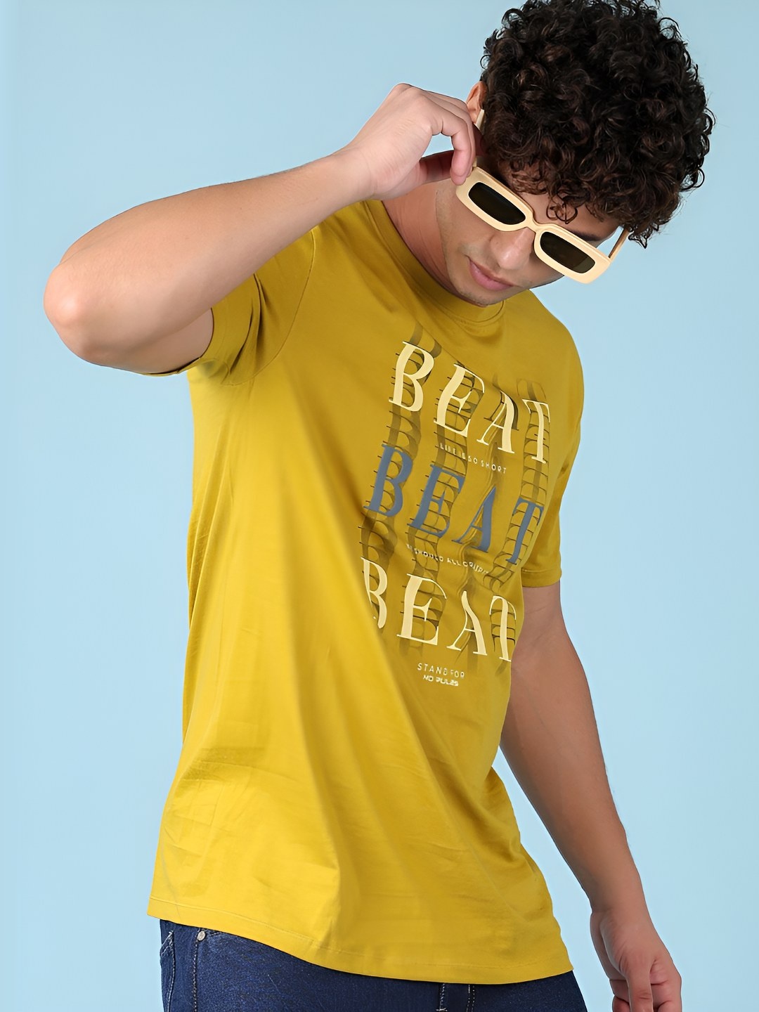 

V-Mart Men Typography Printed Round Neck Cotton T-shirt, Mustard