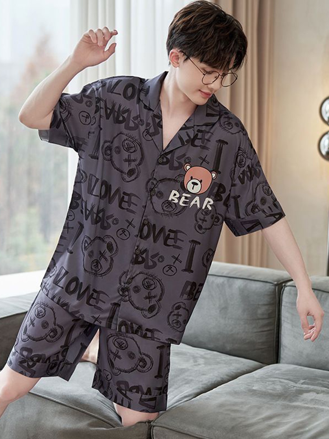 

StyleCast Printed Shirt With Shorts Night Suits, Brown