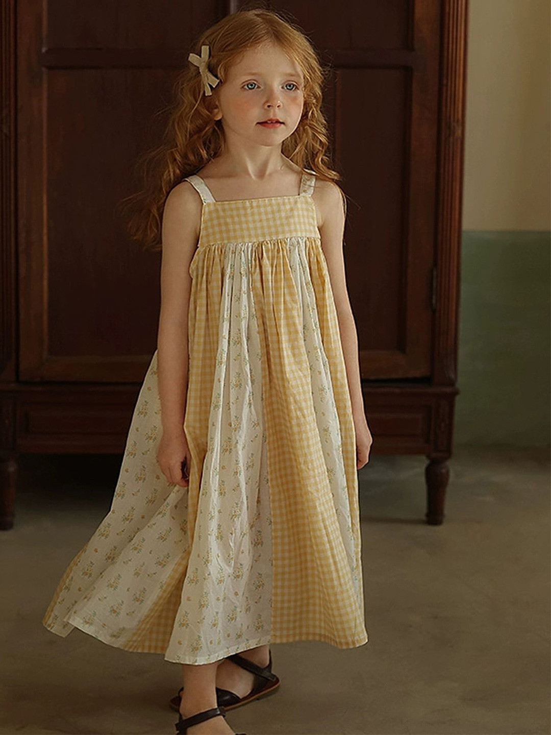 

LULU & SKY Girls Cotton Checked Maxi Dress, Yellow