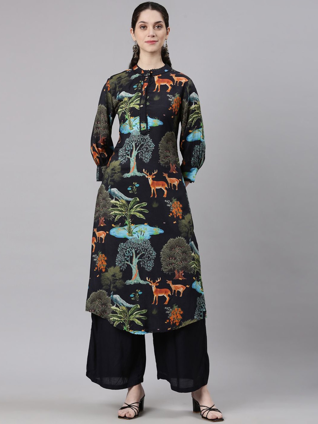 

Neerus Animal Printed Mandarin Collar Straight Kurta With Palazzos, Black