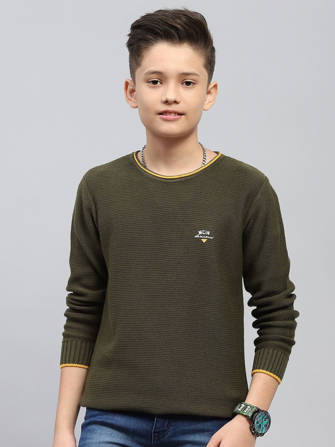 

Monte Carlo Boys Self Design Round Neck Pullover Sweater, Olive