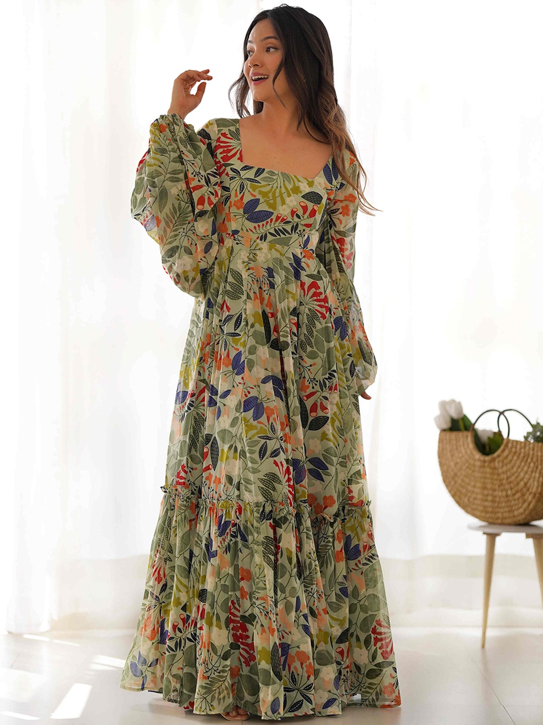 

Tanhai Floral Printed Square Neck Puffed Sleeves Tiered Georgette Fit & Flare Maxi Dress, Green