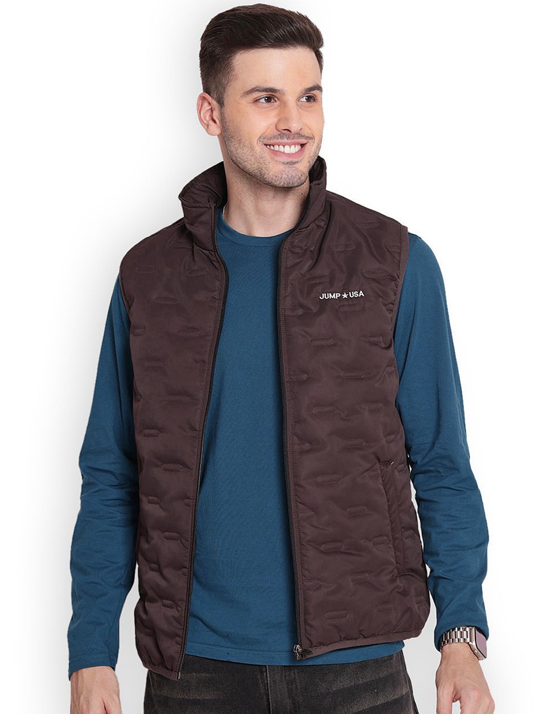 

JUMP USA Men Mock Collar Solid Casual Quilted Jacket, Brown