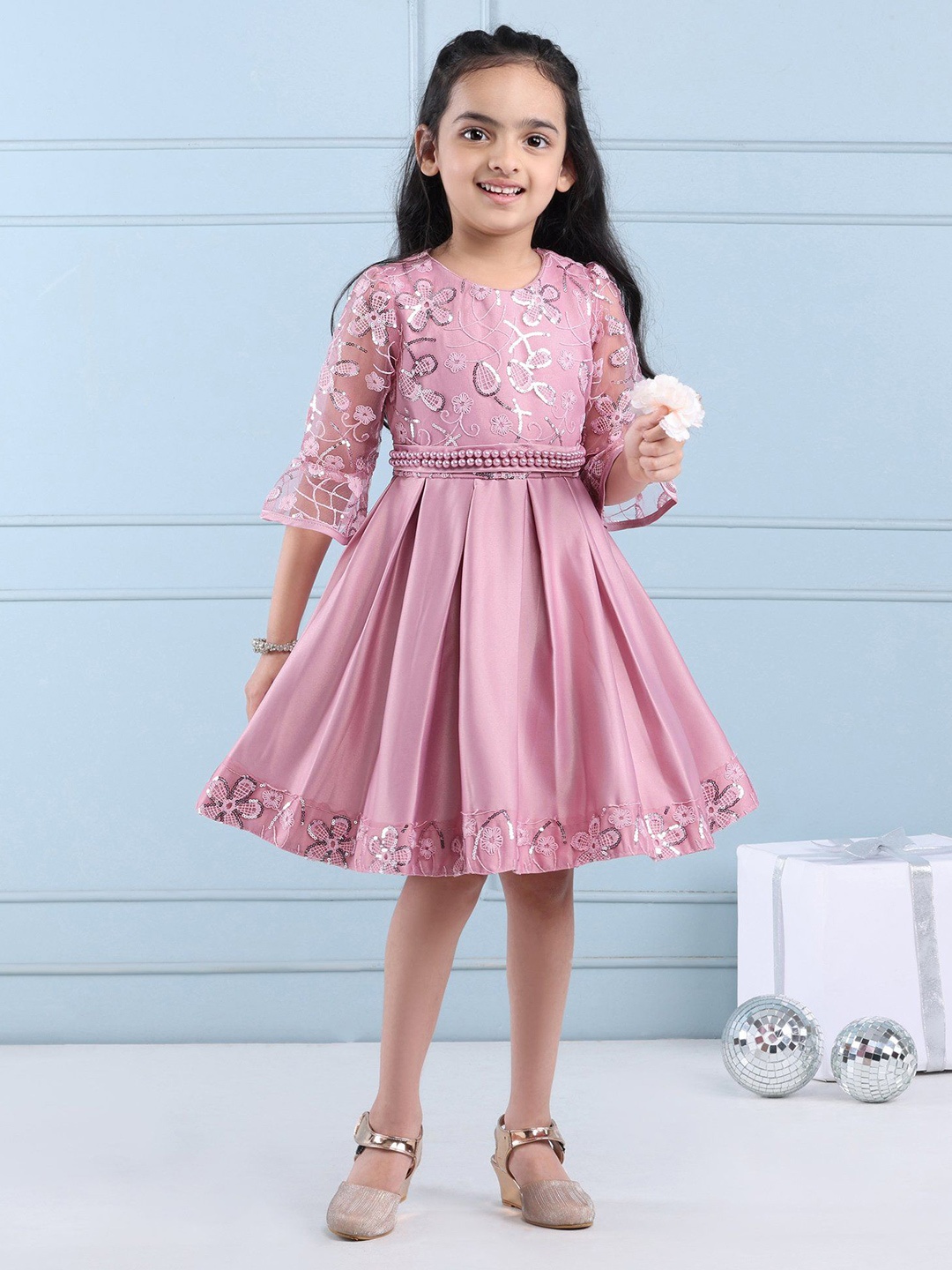 

Mark & Mia Kids-Girls Pink Round Neck Printed Peplum Dress