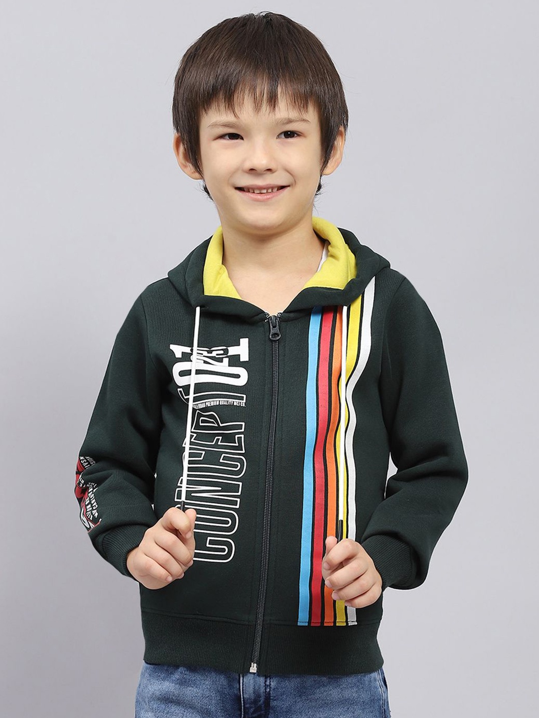 

Monte Carlo Boys Printed Cotton Hooded Front-Open Sweatshirt, Green