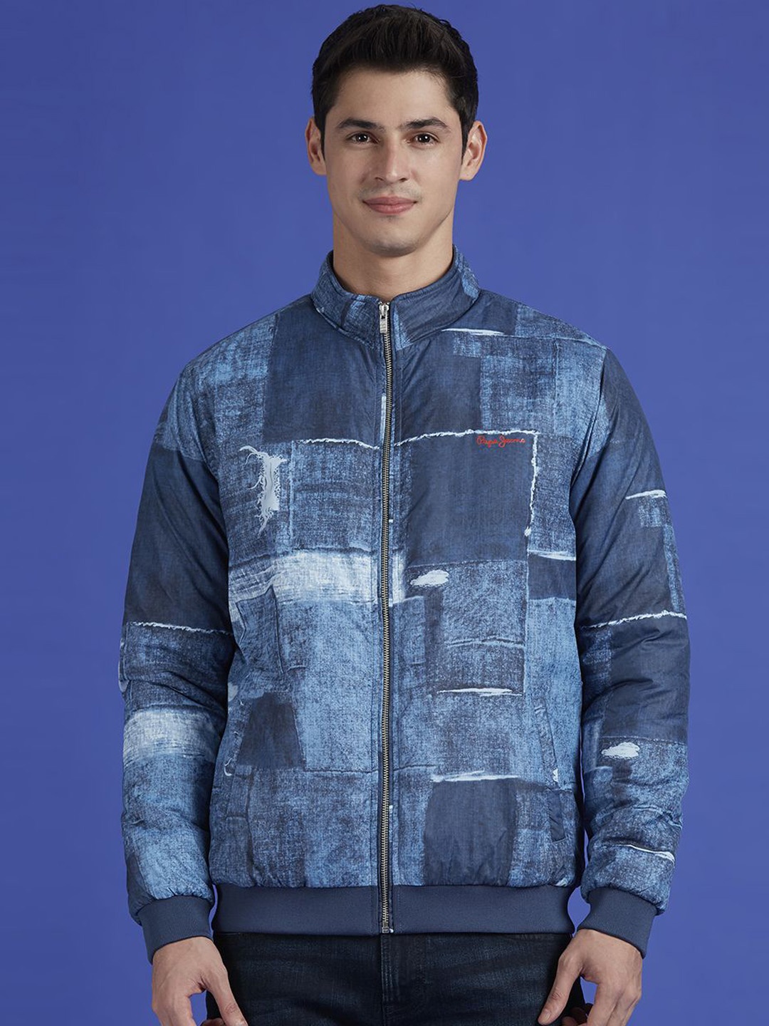 

Pepe Jeans Men Mock Collar Abstract Printed Casual Bomber Jacket, Blue