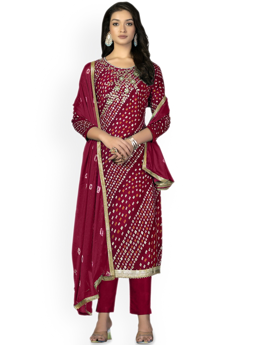 

Maroosh Bandhani Printed Unstitched Dress Material, Pink