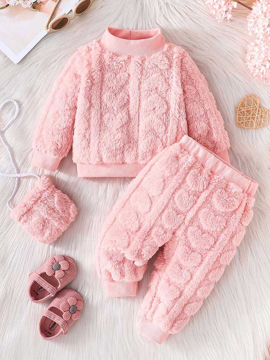 

INCLUD Girls High Neck Self Design Sweatshirt with Joggers Clothing Set, Pink