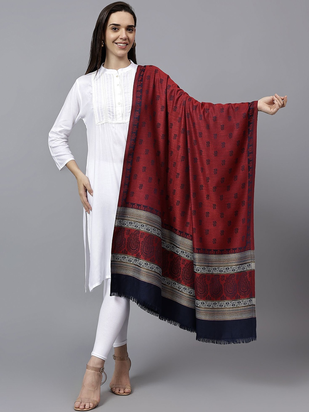 

Mizash Ethnic Motifs Printed Pure Woollen Shawl, Maroon