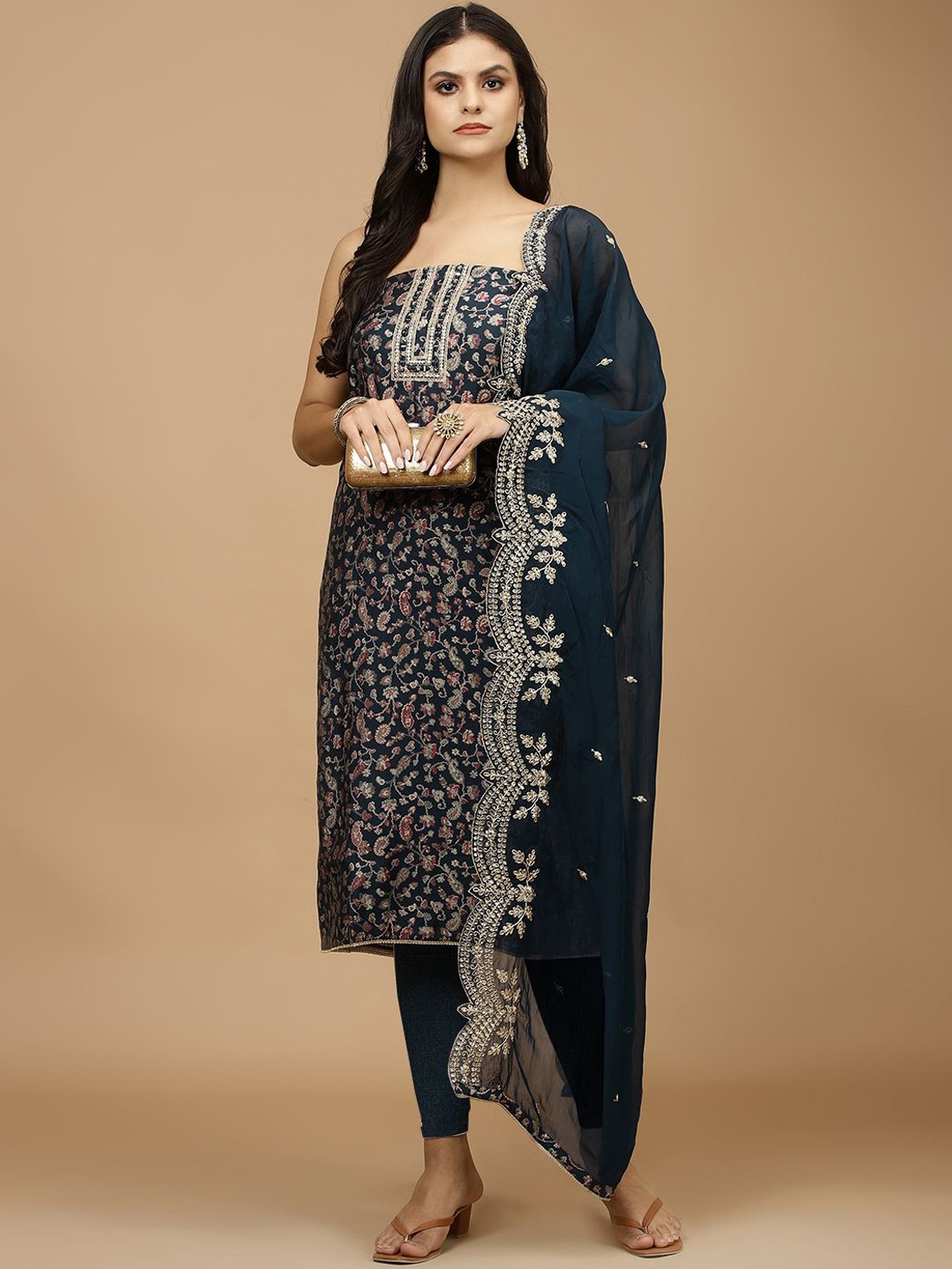 

Meena Bazaar Floral Printed Mirror Work Unstitched Dress Material, Navy blue