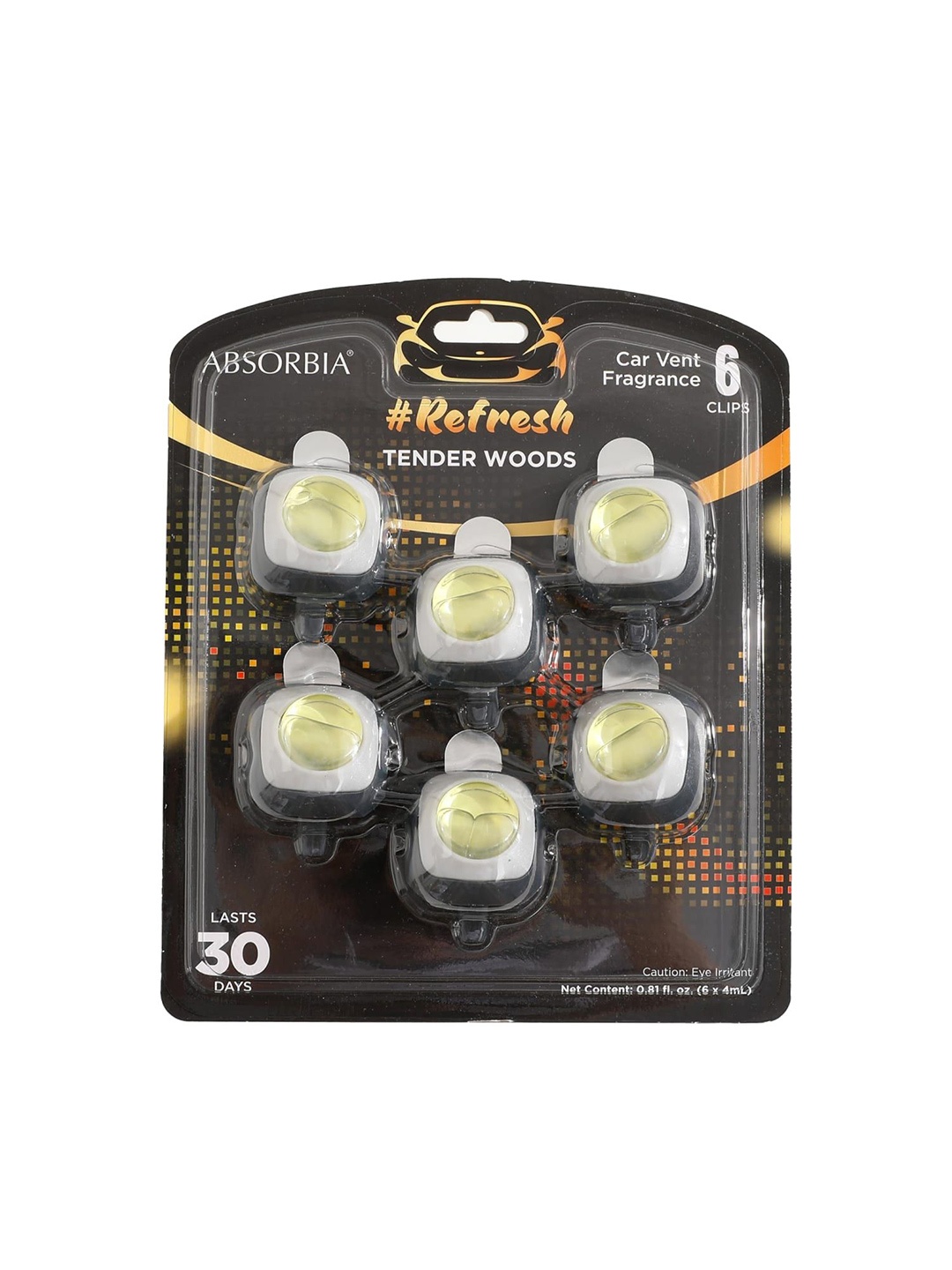 

Absorbia White & Yellow 6 Pieces Woods Scent Car Vent Clip Air Freshner - 4 ml Each