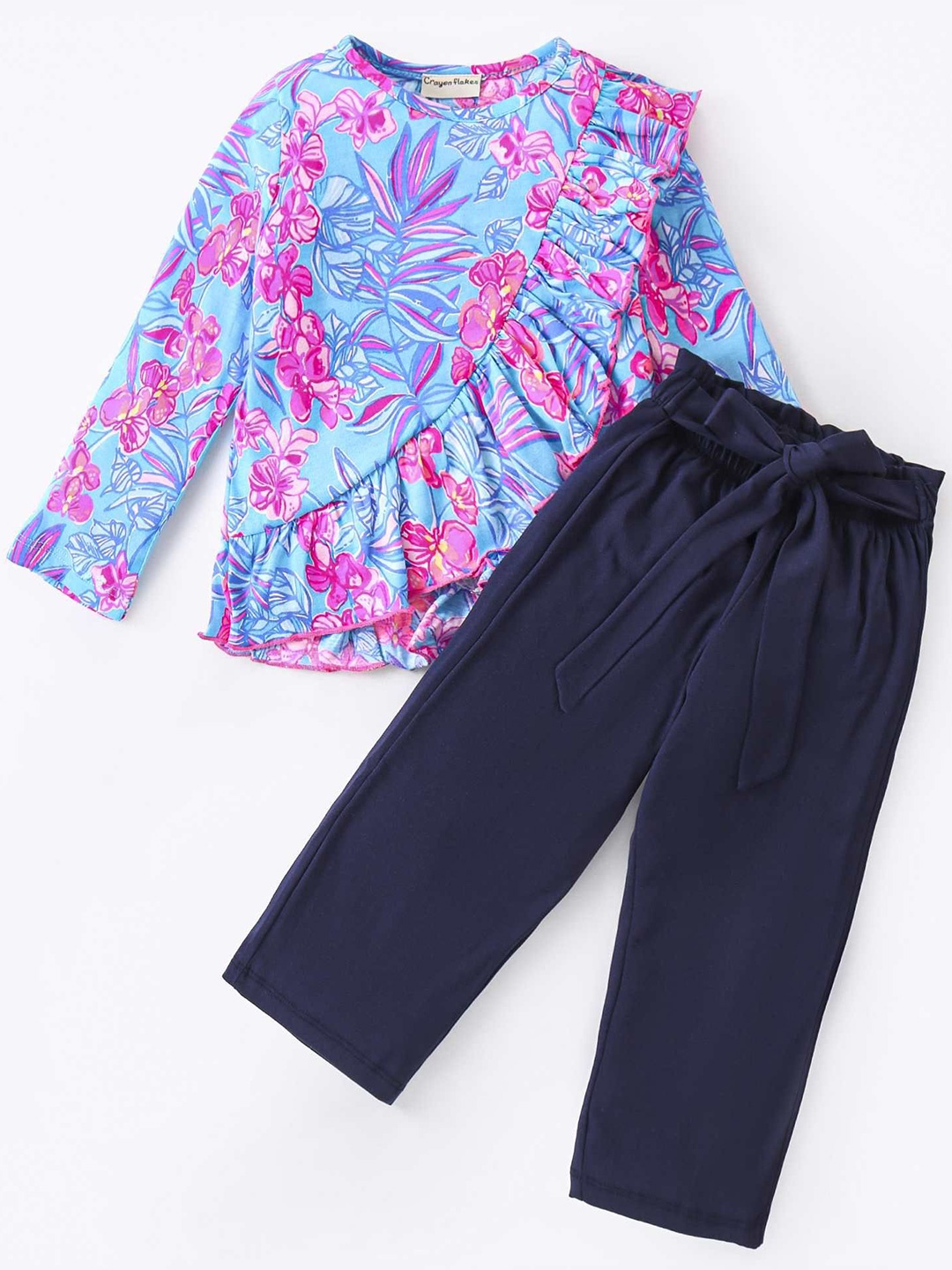 

CrayonFlakes Girls Floral Printed Pure Cotton Top with Palazzos, Blue