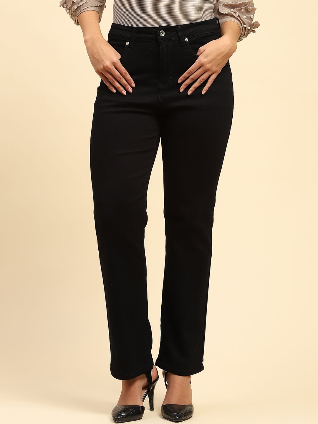 

Global Republic Women Cotton Classic Straight Fit High-Rise Stretchable Jeans, Black