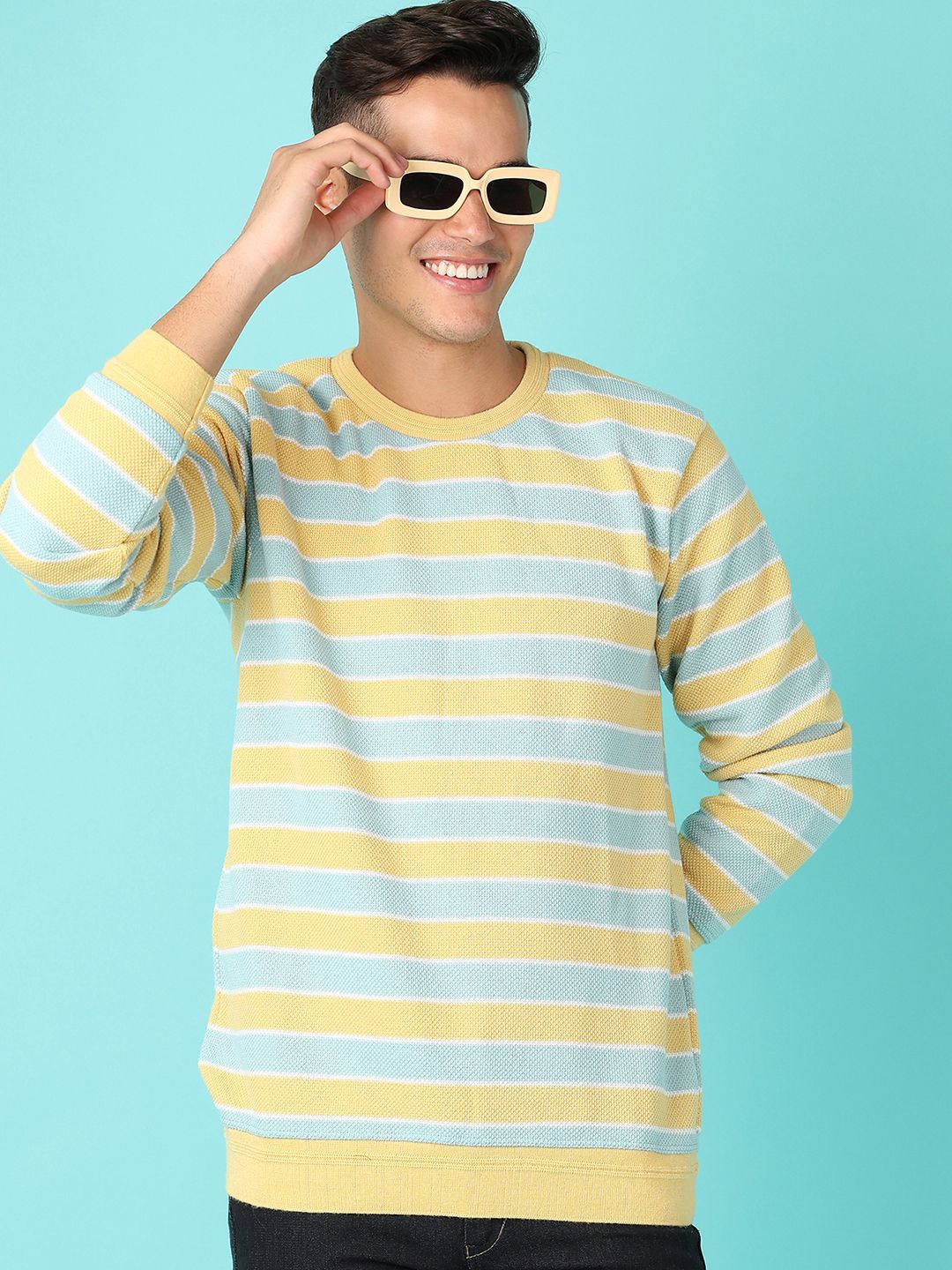 

V-Mart Men Striped Round Neck Pullover Sweater, Yellow