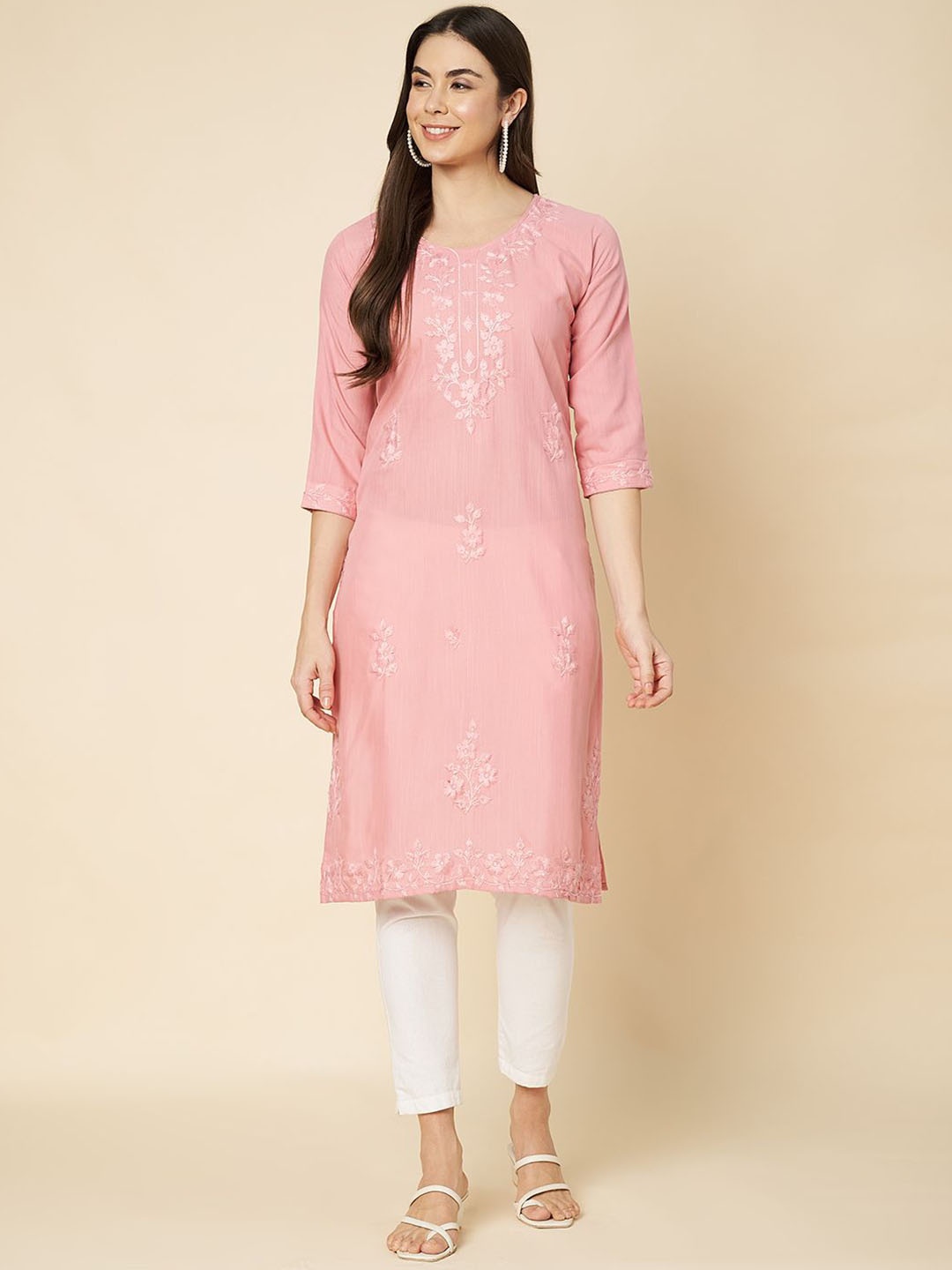 

HERE&NOW Floral Embroidered Thread Work Chanderi cotton Straight Kurta, Pink