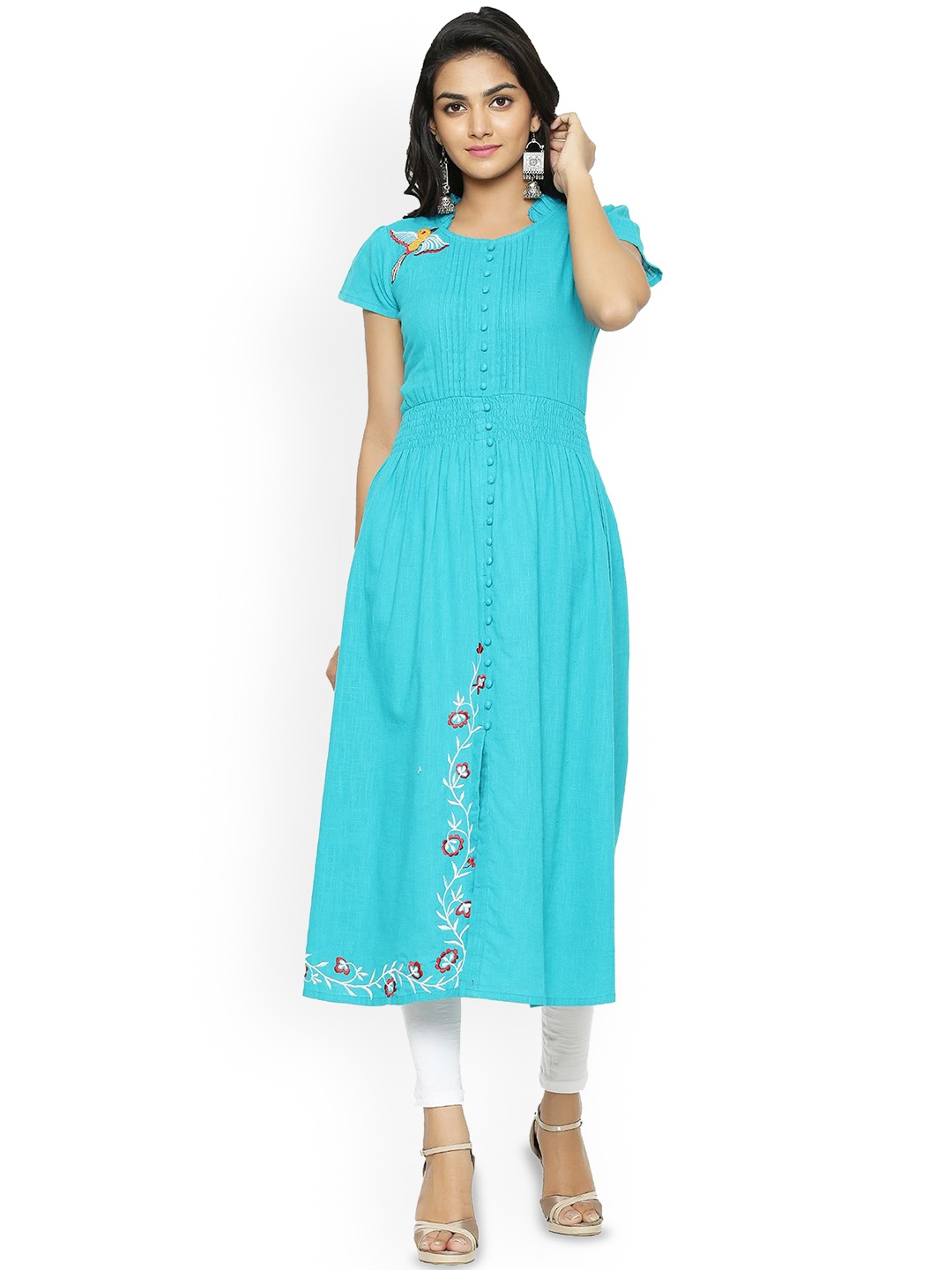 

IKRASS Mandarin Collar Thread Work Cotton A-Line Kurta, Teal