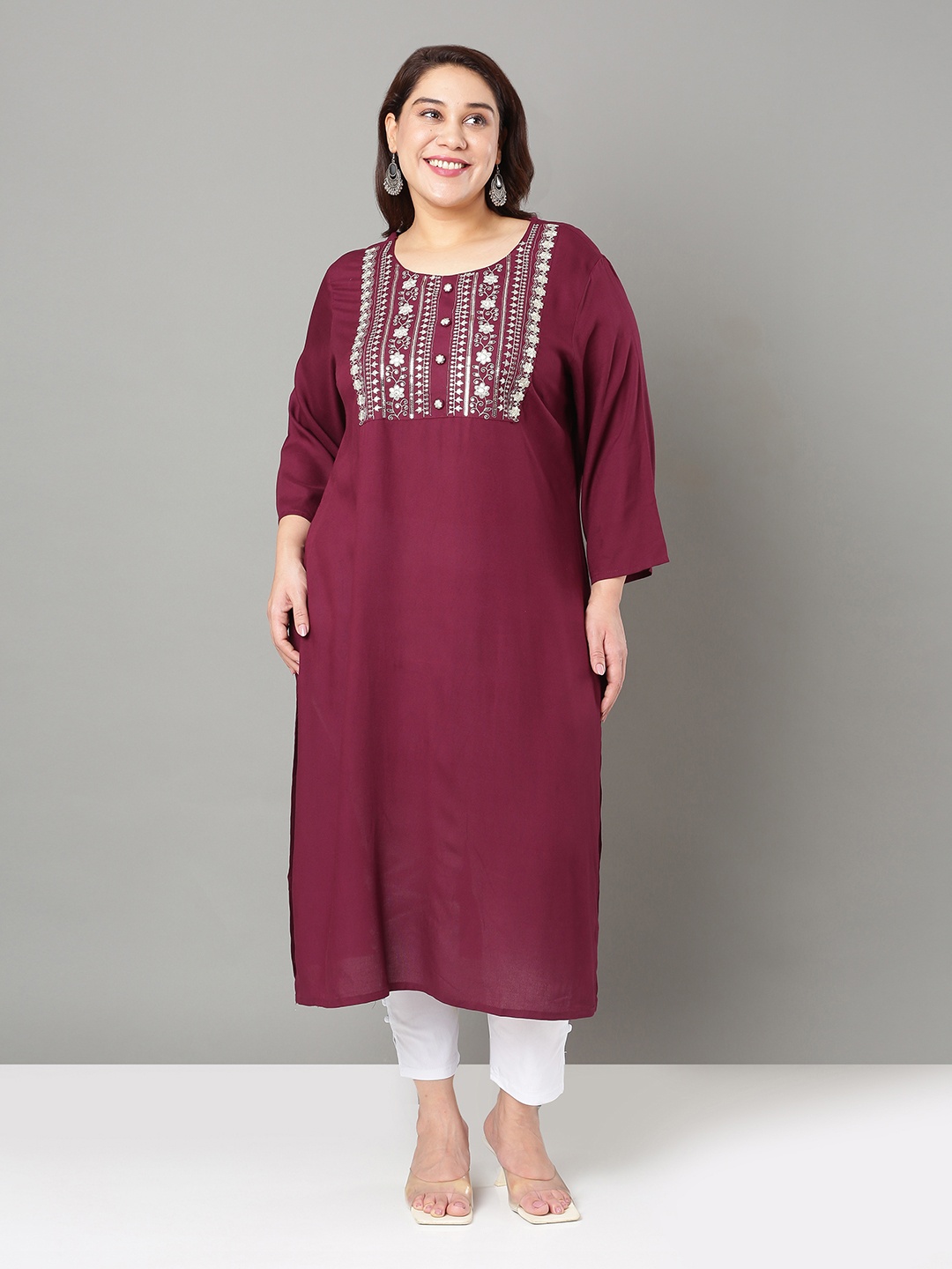 

Sztori Plus Size Floral Yoke Design Mirror Work Straight Kurta, Maroon