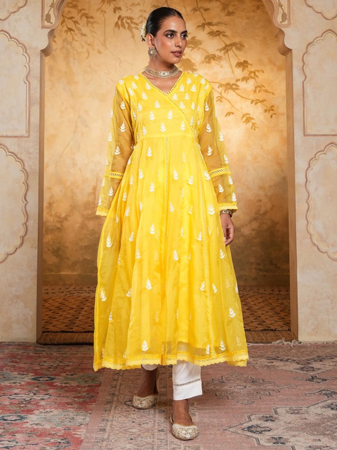 

House of Chikankari Chikankari Woven Long Kurta, Yellow