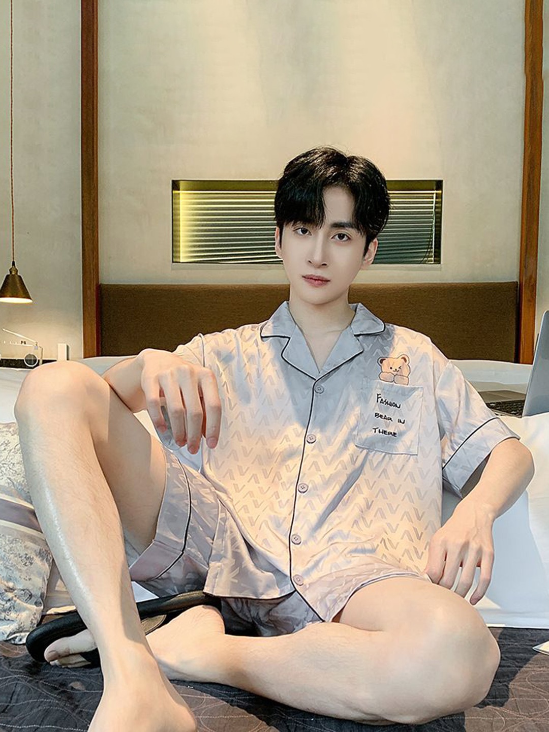 

StyleCast Printed Lapel Collar Long Sleeves Shirt With Shorts, Beige