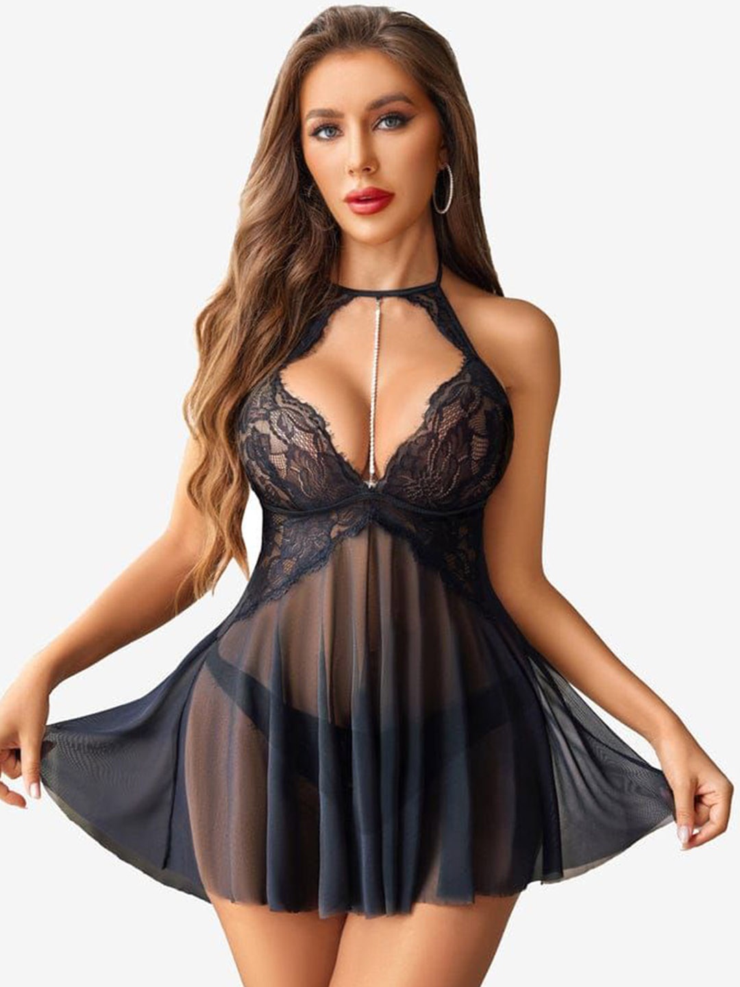 

VAGHBHATT Women Halter Neck Self Design Baby Doll, Black