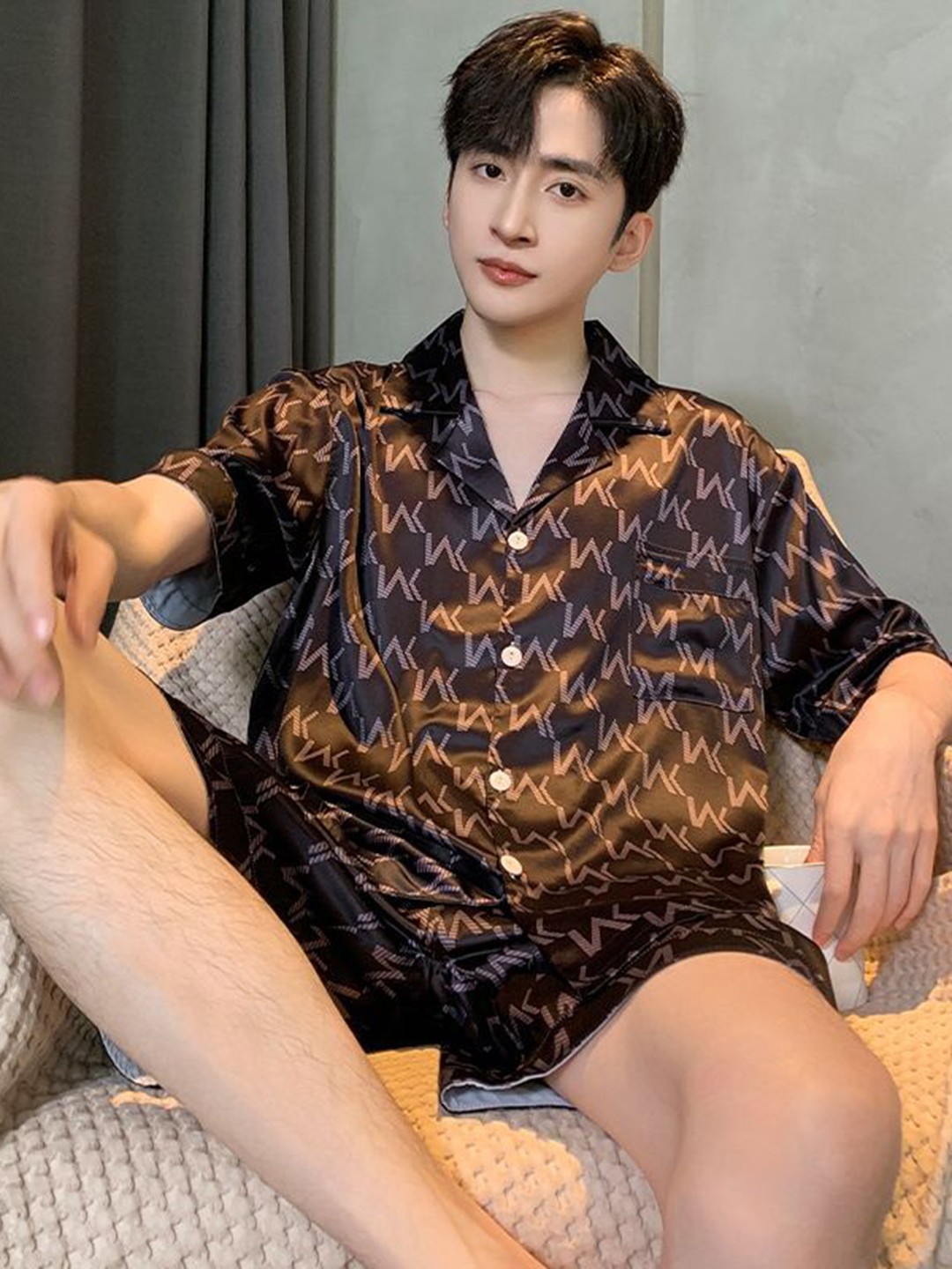

StyleCast Men Graphic Printed Shirt With Shorts Night Suit, Brown