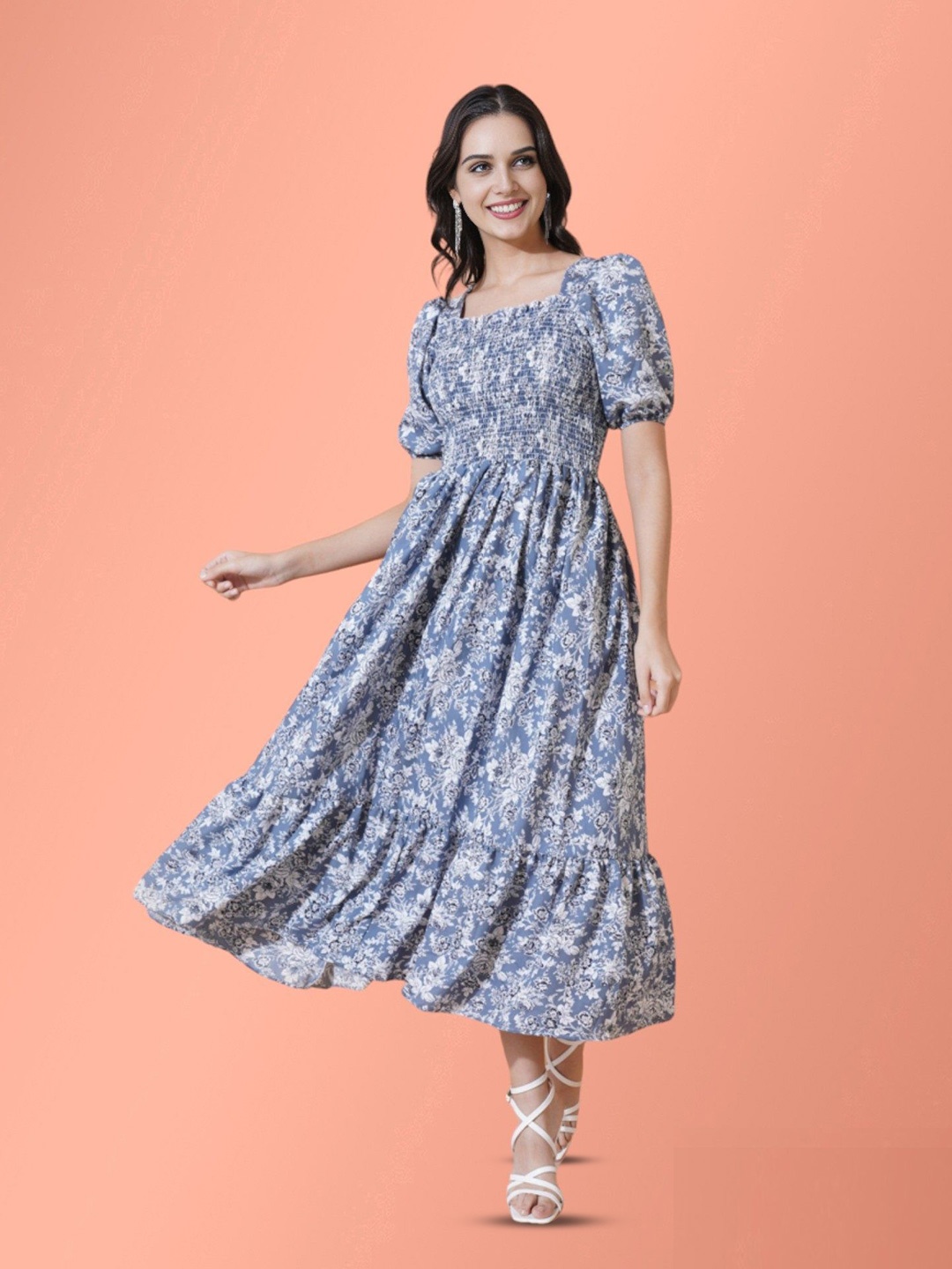 

Raiyani Enterprise Women Puff Sleeves Floral Printed Fit & Flare Casual Dress, Blue