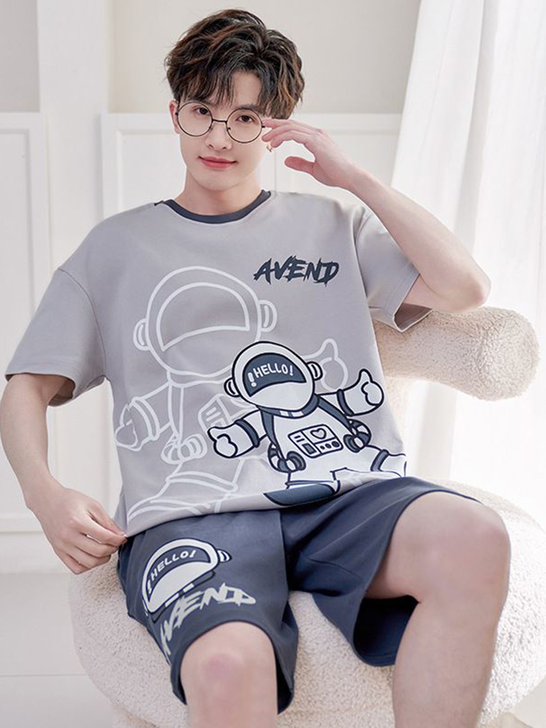 

StyleCast Printed Round Neck Short Sleeves T-shirt With Shorts, Grey