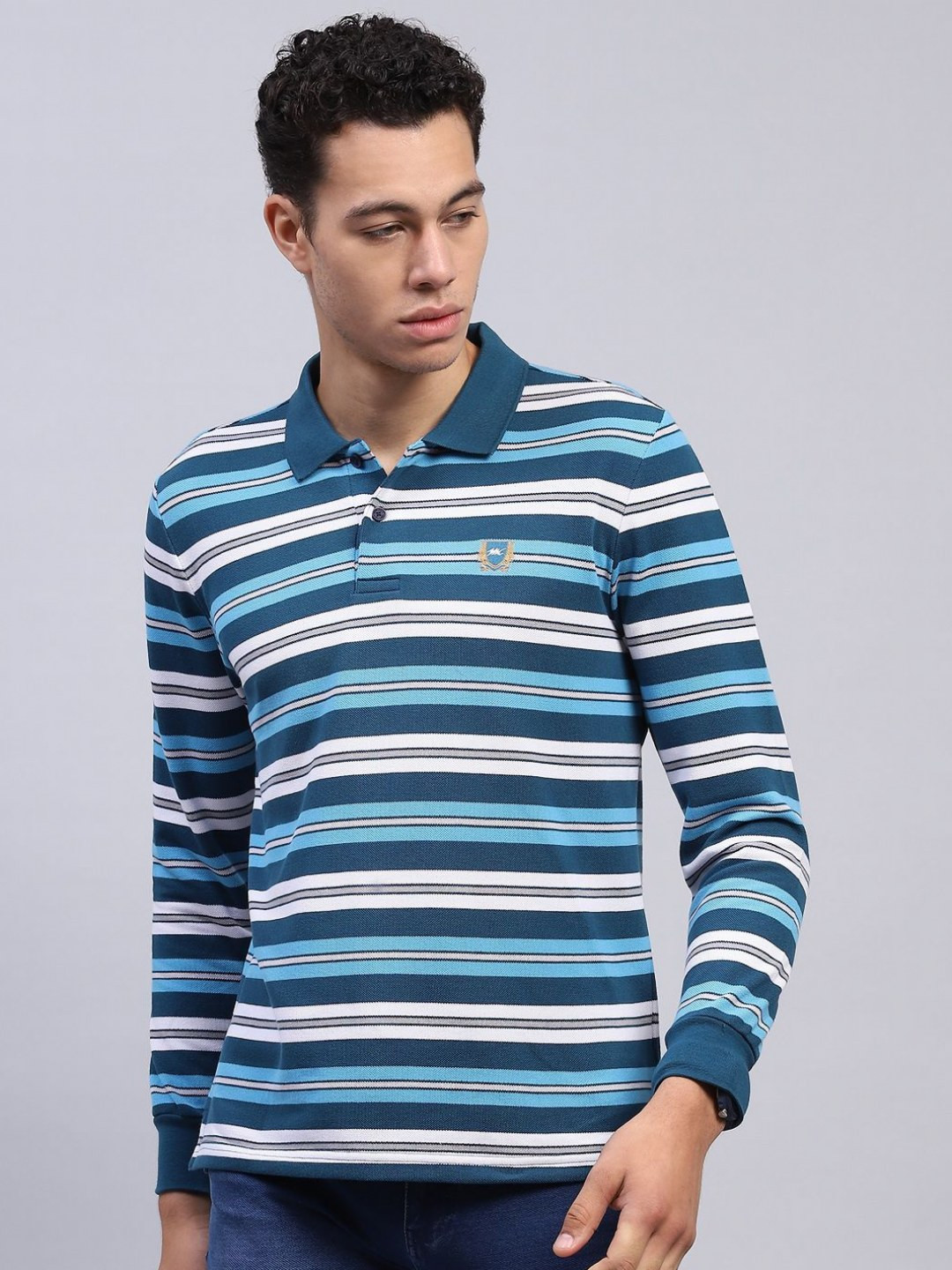 

Monte Carlo Men Striped Polo Collar Cotton T-shirt, Blue