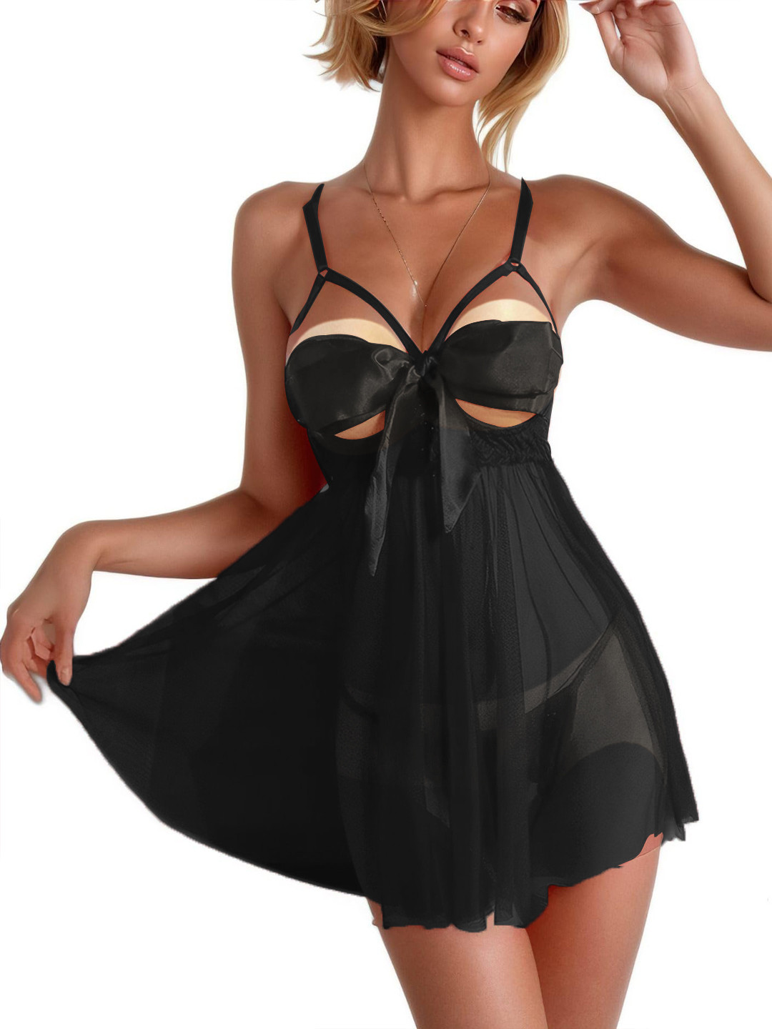 

KRENOZ Net Front Bow Tie-Up Baby Doll, Black