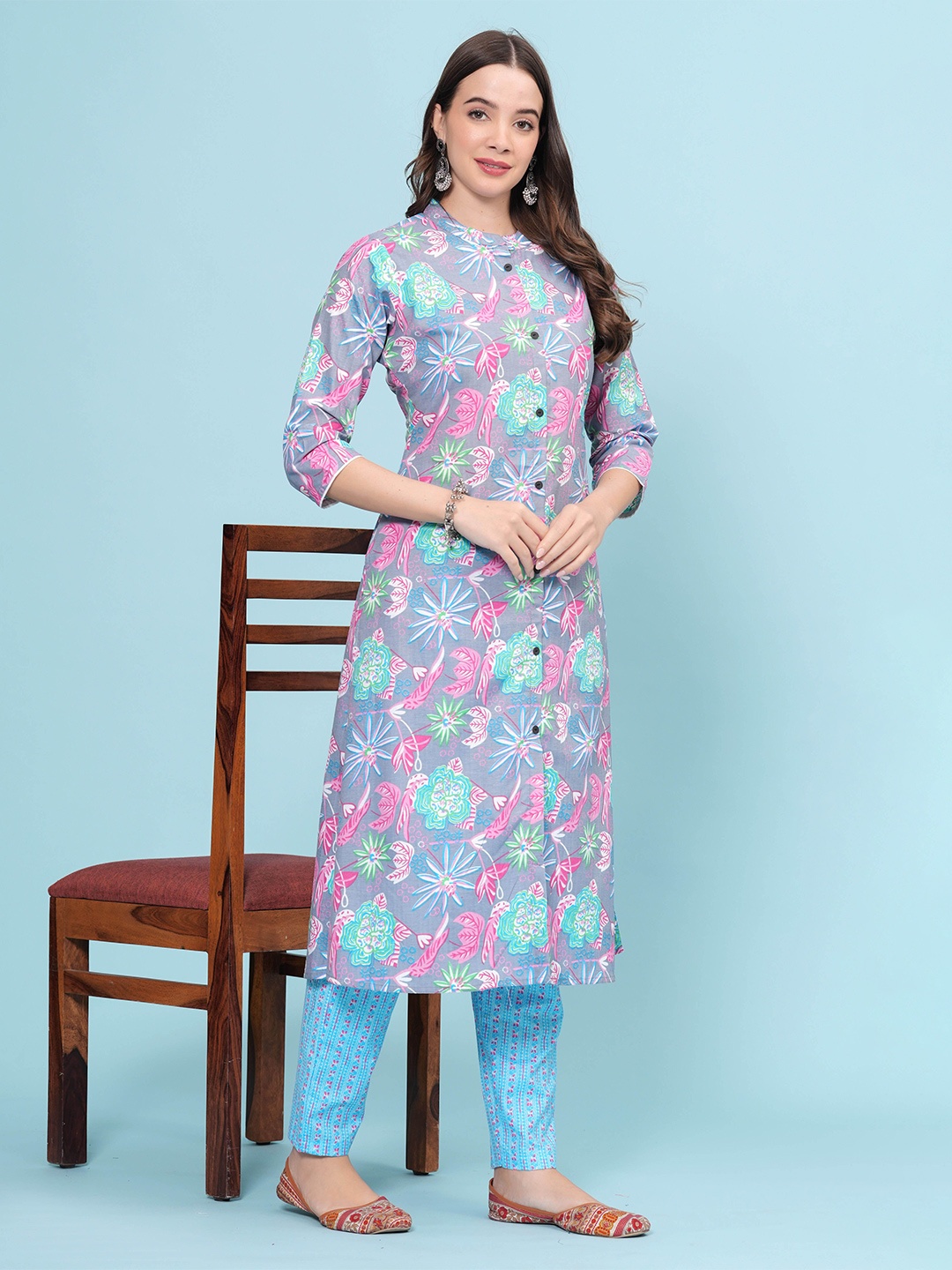 

DIZON Women Floral Printed Pure Cotton Kurta, Grey