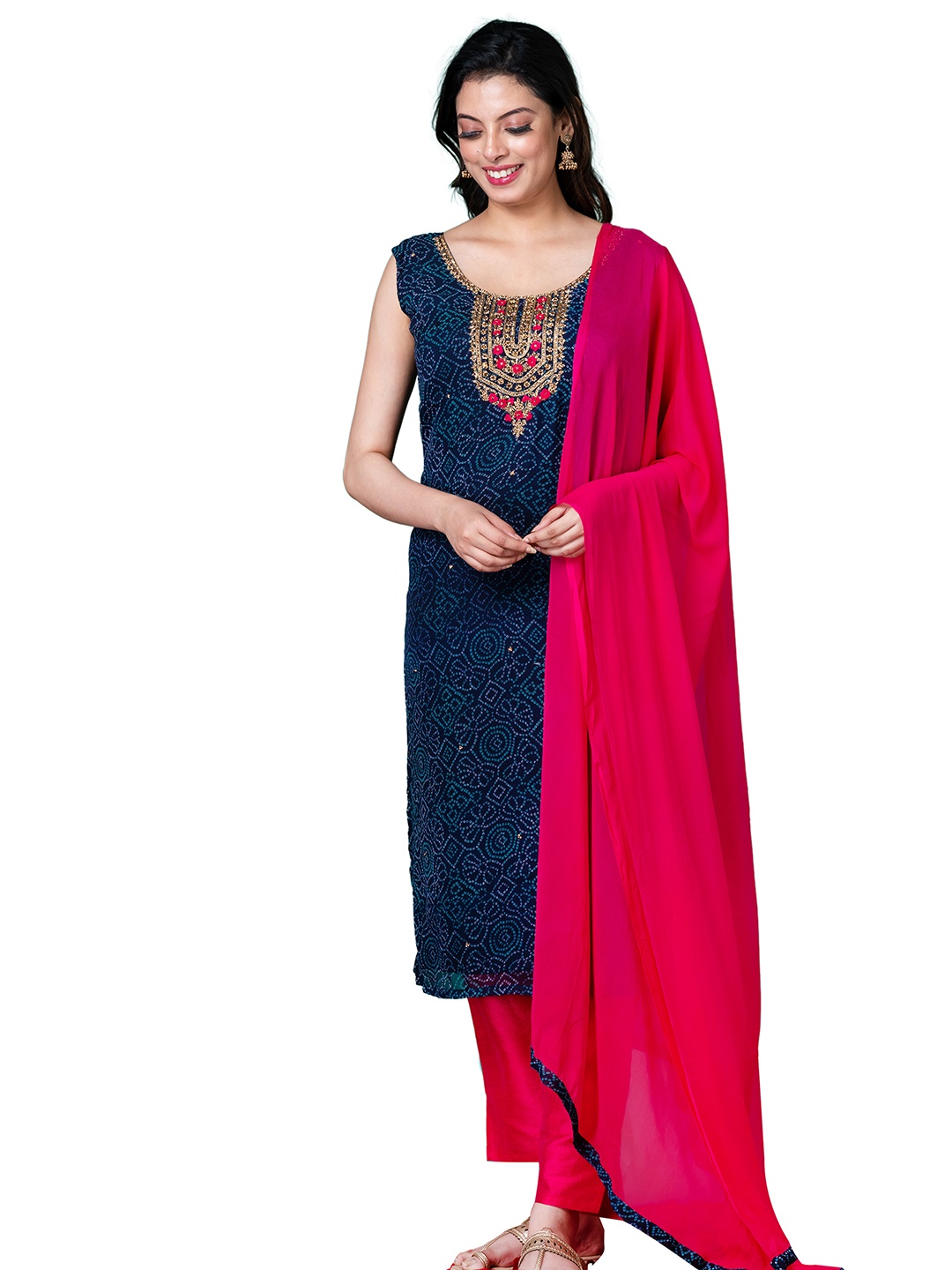 

SHREE BALAJI Bandhani Printed Sequinned Kurta With Trousers & Dupatta, Blue