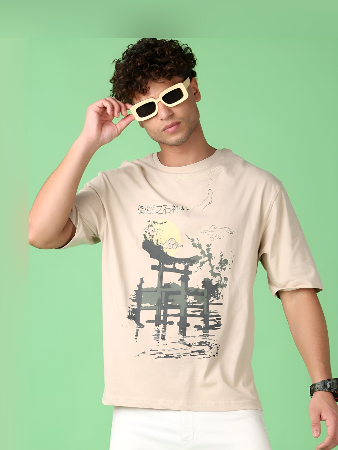 

V-Mart Men Graphic Printed Round Neck Cotton T-shirt, Beige