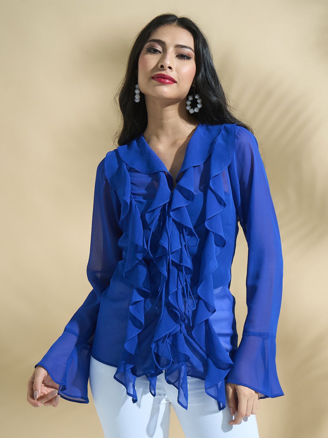 

DEPANO Women Ruffle Details Bell Sleeve Georgette Top, Blue