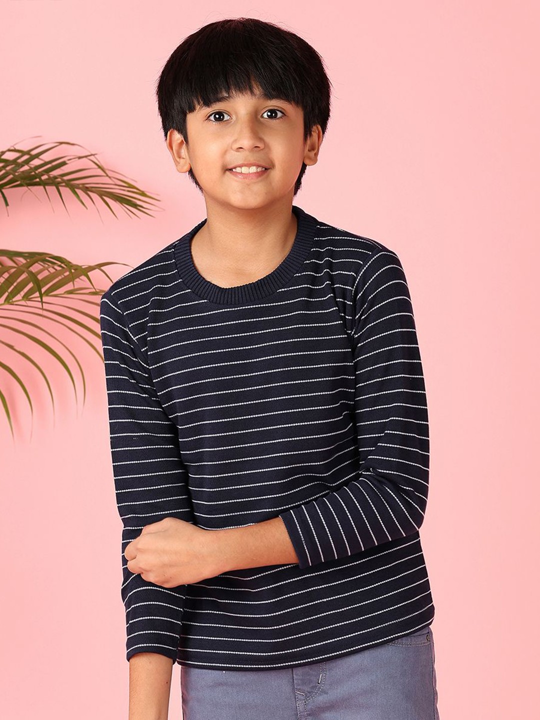 

V-Mart Boys Striped Round Neck Pullover, Navy blue