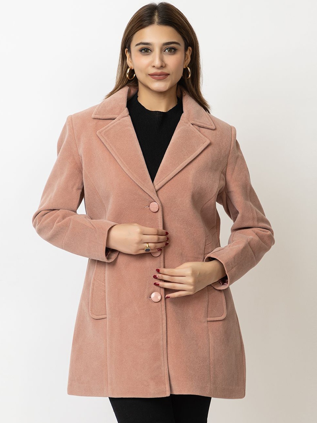 

Lady Leaf Comfort Fit Self Design Single-Breasted Overcoat, Pink