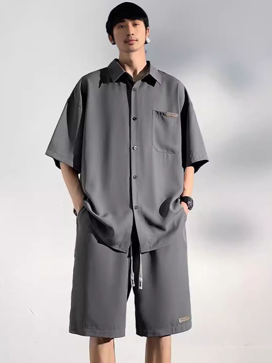 

StyleCast Shirt Collar Three-Quarter Sleeves Shirt With Shorts, Grey
